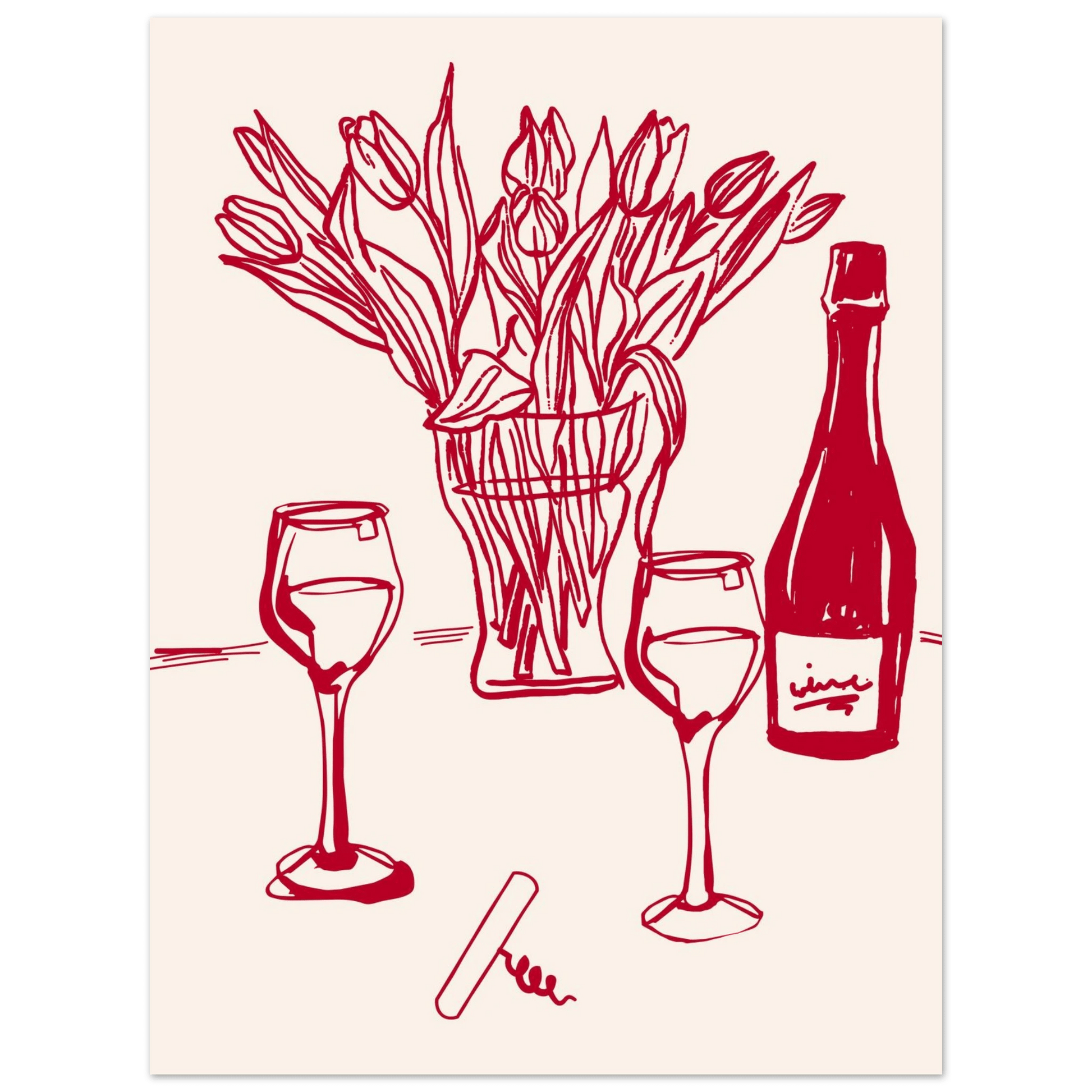 Red Wine & Tulips Print | Line Art Wine Bottle Wall Art | Kitchen Poster - Evergreen Posters