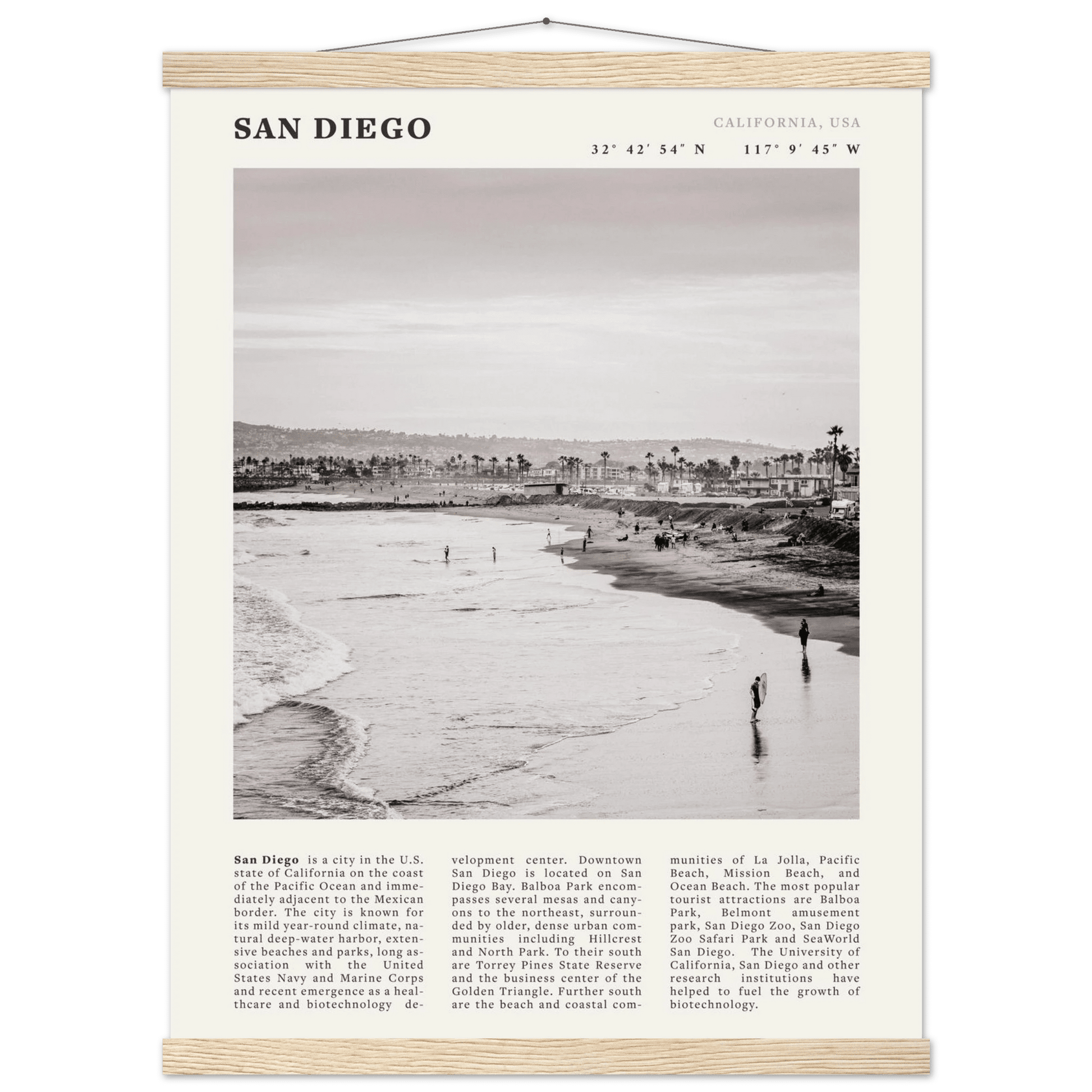 San Diego Poster | Black & White California Beach Wall Art | Coastal Travel Print Decor - Evergreen Posters