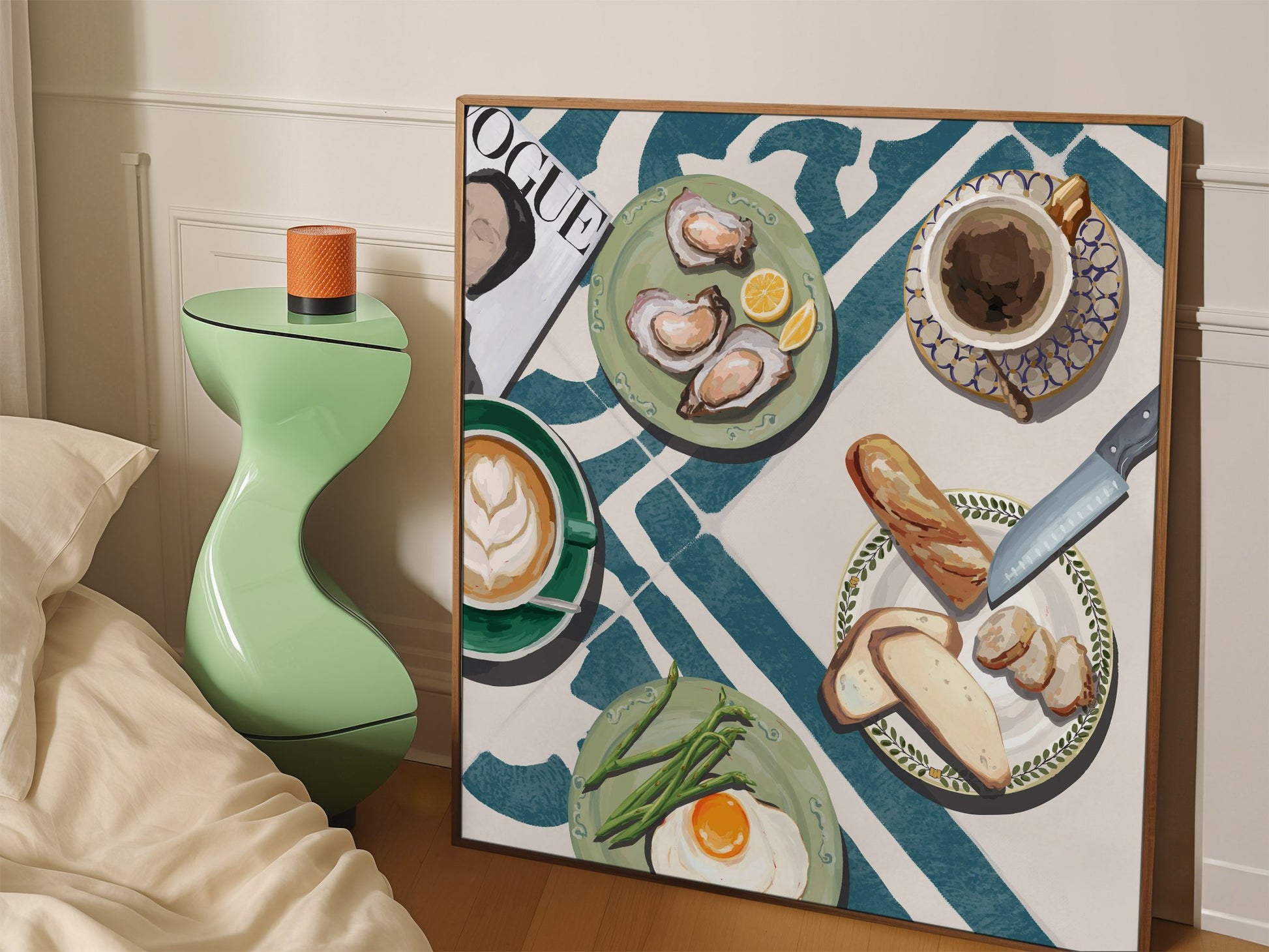 Oysters & Vogue Brunch Poster | Luxury Kitchen Wall Art | Blue Tile Square Print - Evergreen Posters - 42