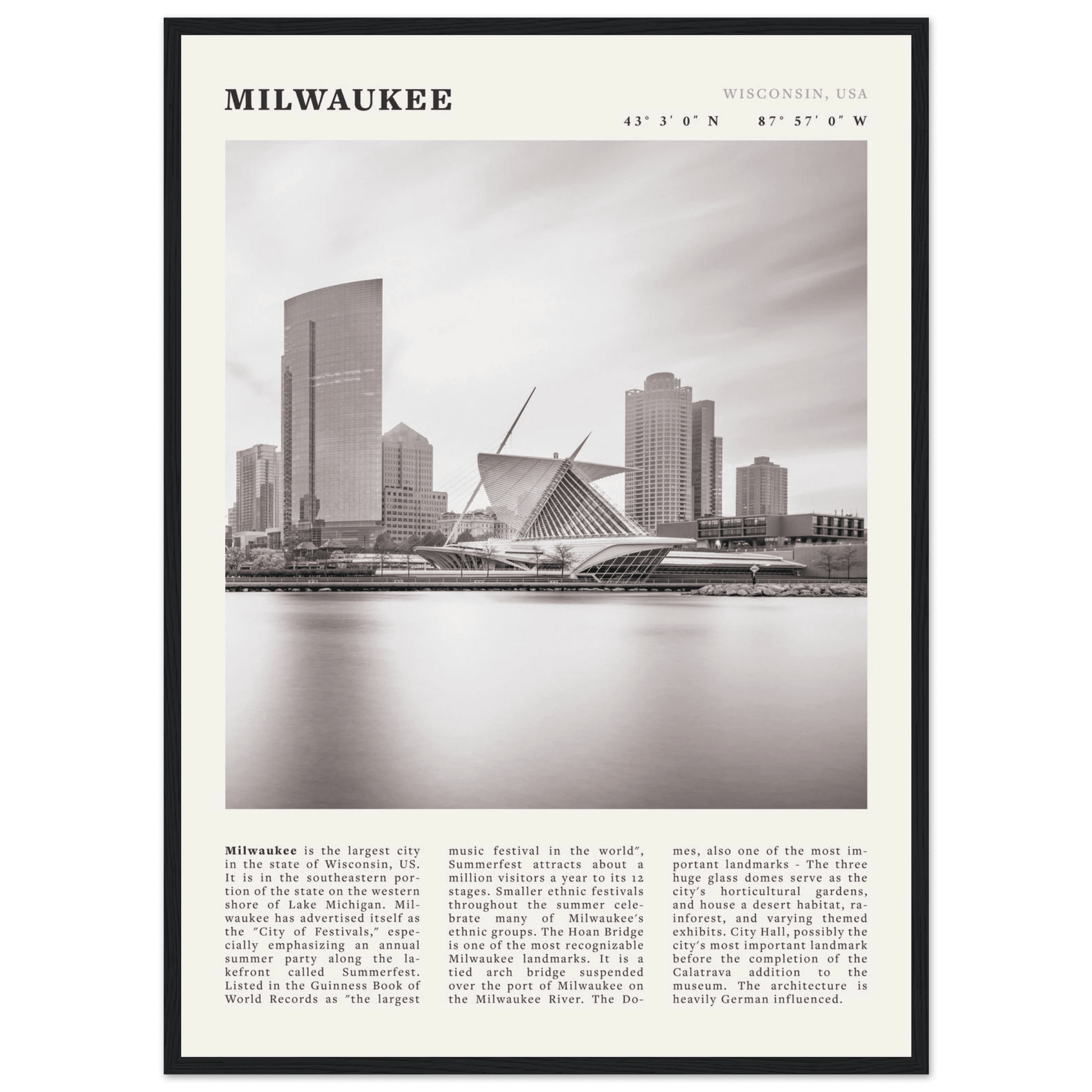 Milwaukee Poster | Black & White Wisconsin City Wall Art | USA Travel Print - Evergreen Posters