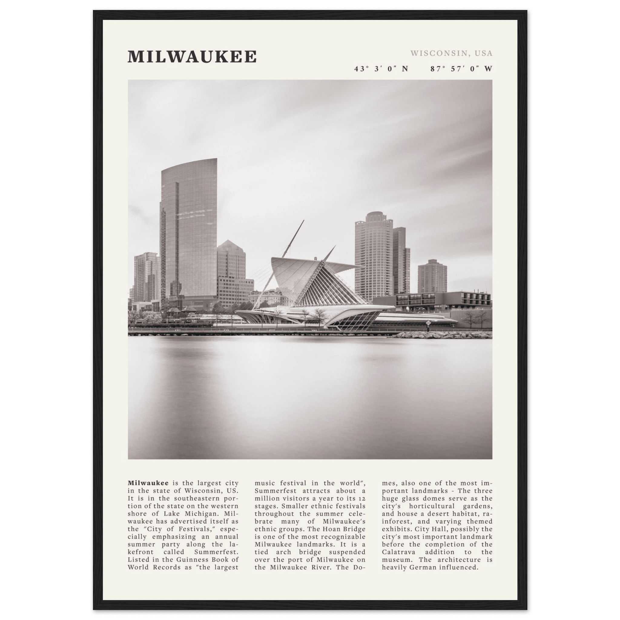 Milwaukee Poster | Black & White Wisconsin City Wall Art | USA Travel Print - Evergreen Posters
