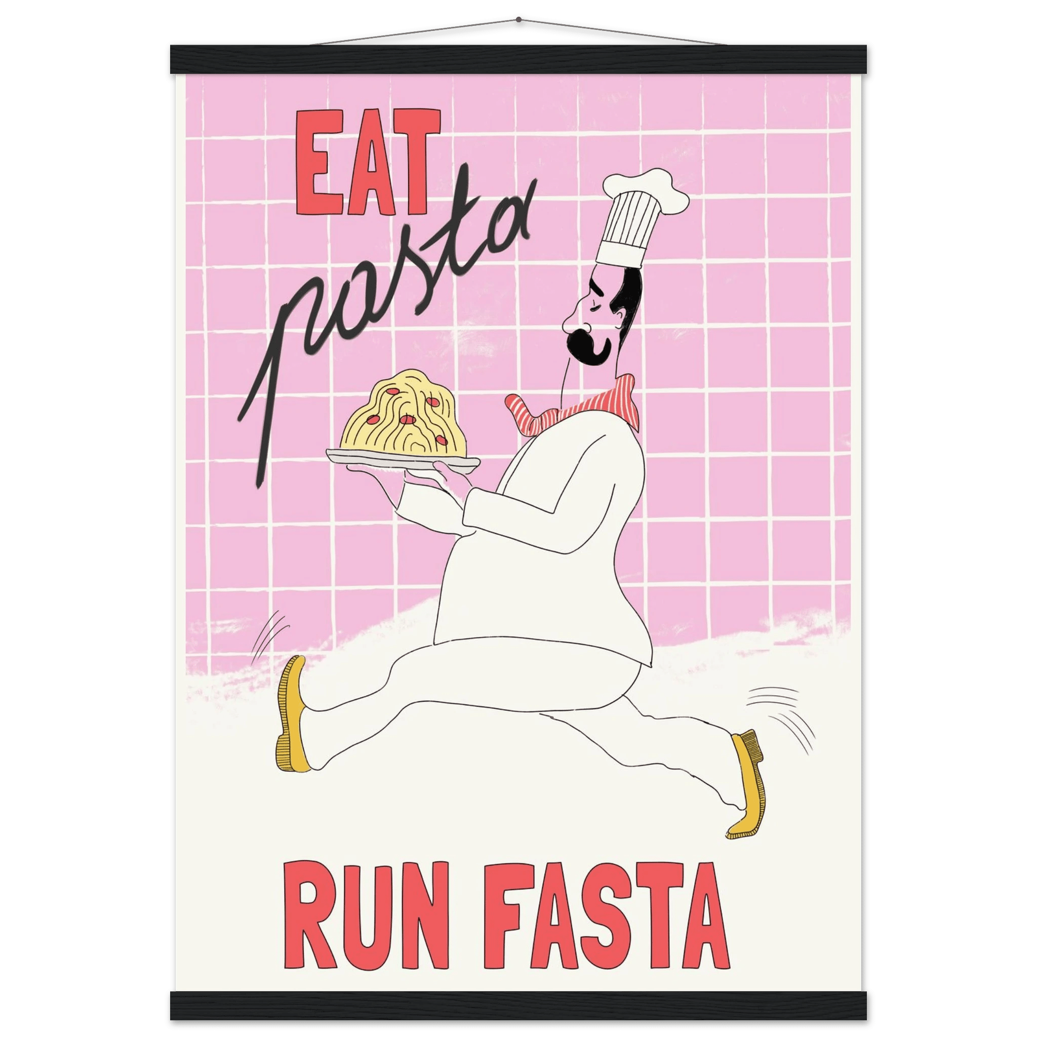Eat Pasta Run Fasta Poster – Playful Kitchen Wall Art Print (Light Pink) - Evergreen Posters