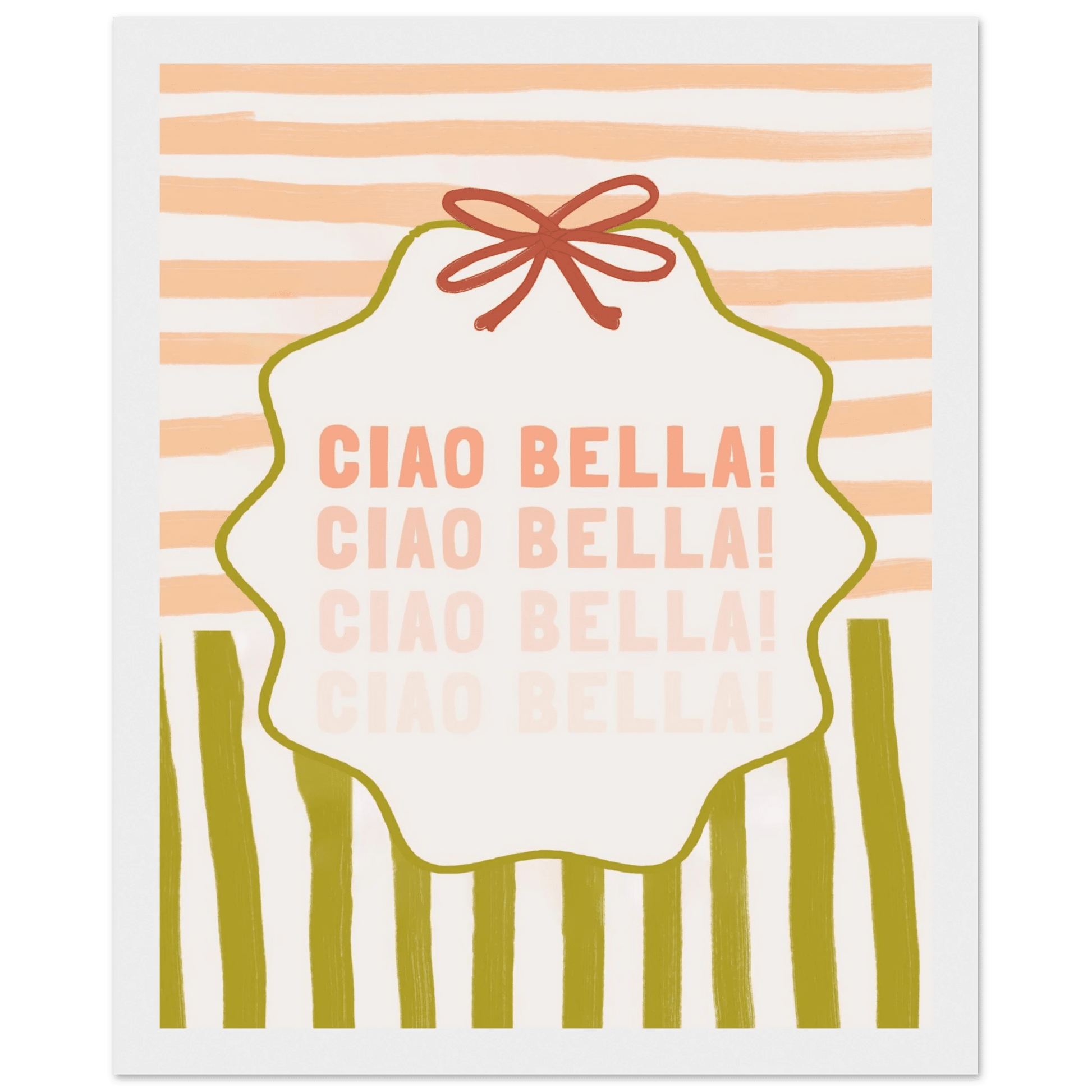 Ciao Bella Poster | Italian Typography Wall Art | Retro Stripe Bow Print | Cute Room Decor - Evergreen Posters