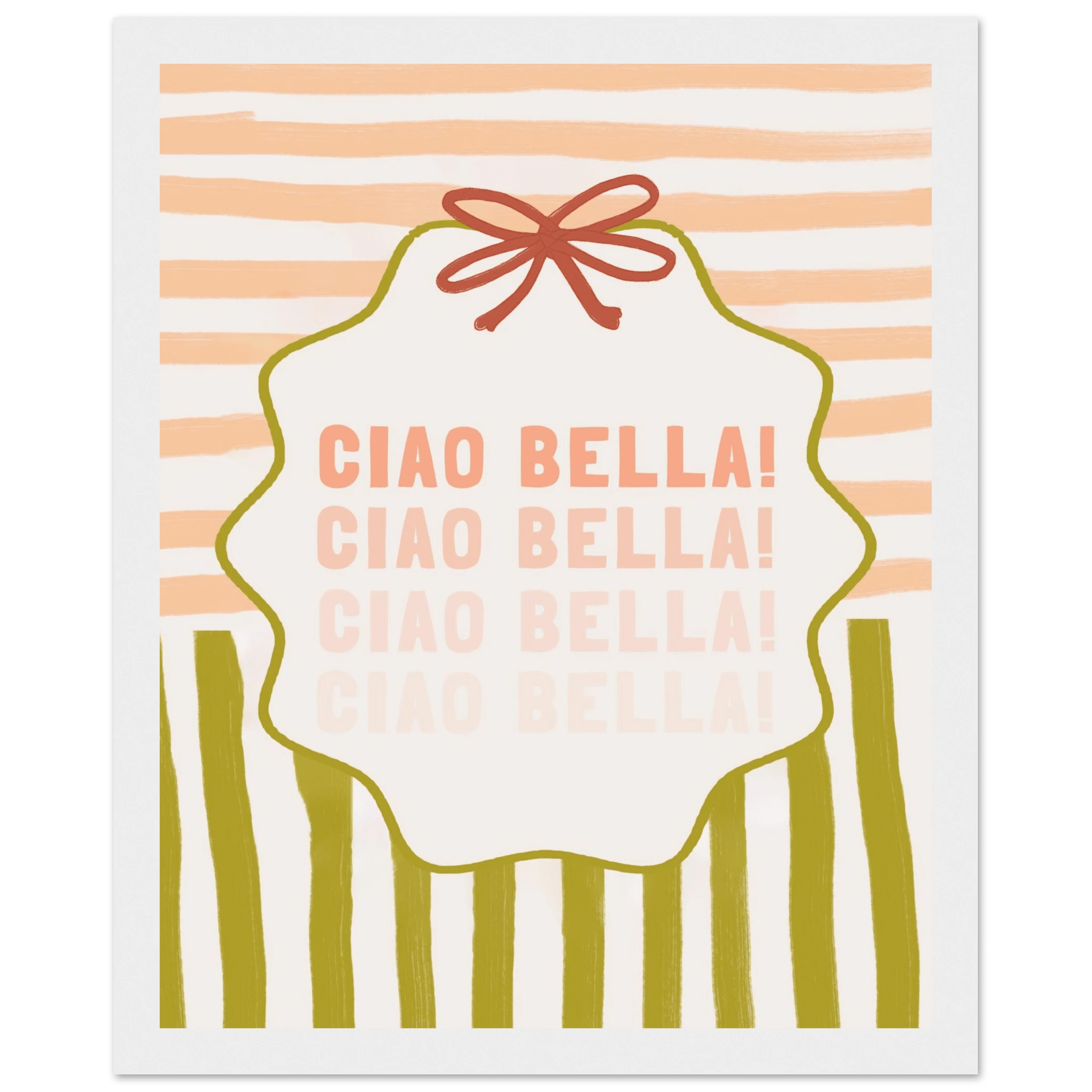 Ciao Bella Poster | Italian Typography Wall Art | Retro Stripe Bow Print | Cute Room Decor - Evergreen Posters