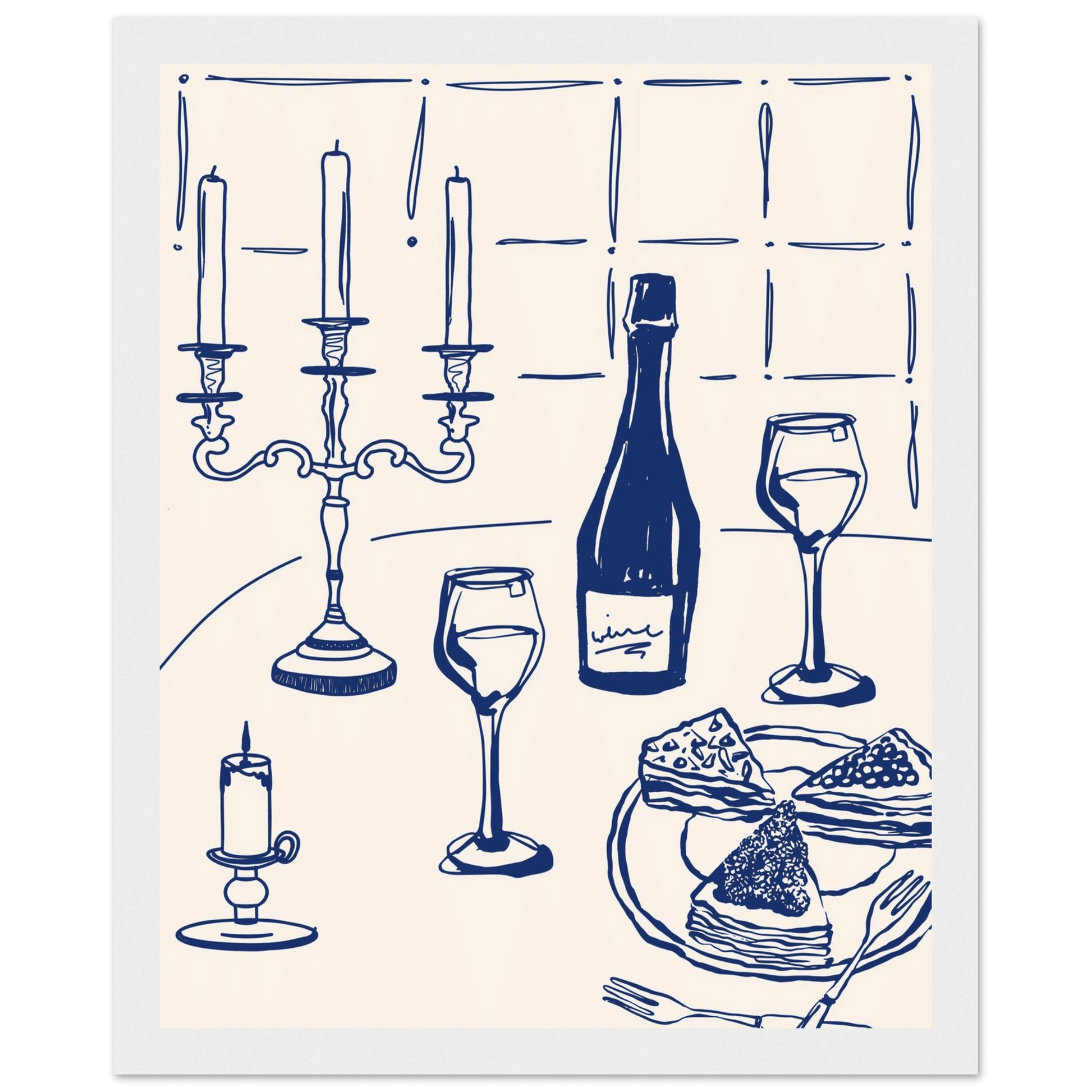 Candlelight Dinner Print | Navy Blue Wine & Candelabra Line Art | Kitchen Poster - Evergreen Posters