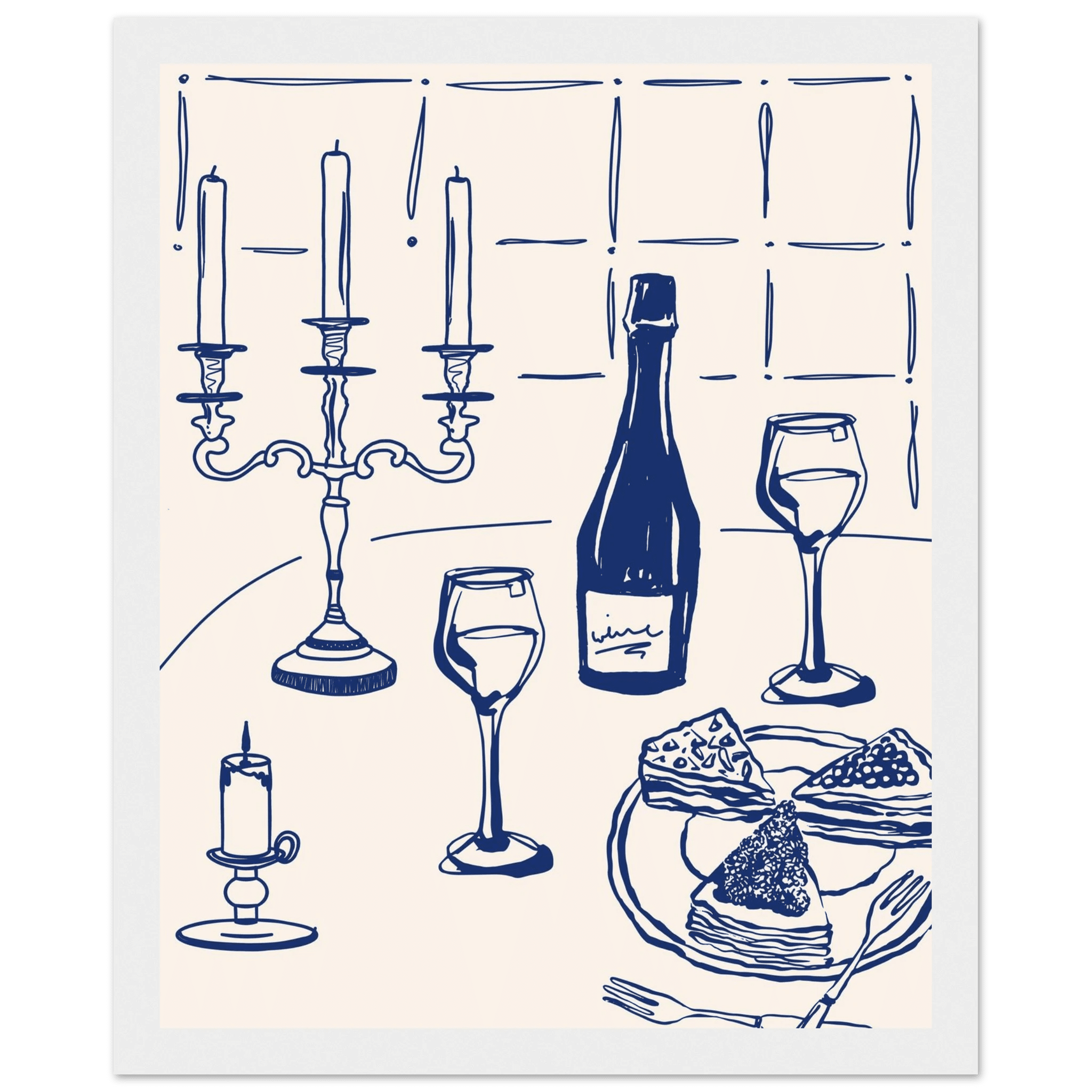 Candlelight Dinner Print | Navy Blue Wine & Candelabra Line Art | Kitchen Poster - Evergreen Posters