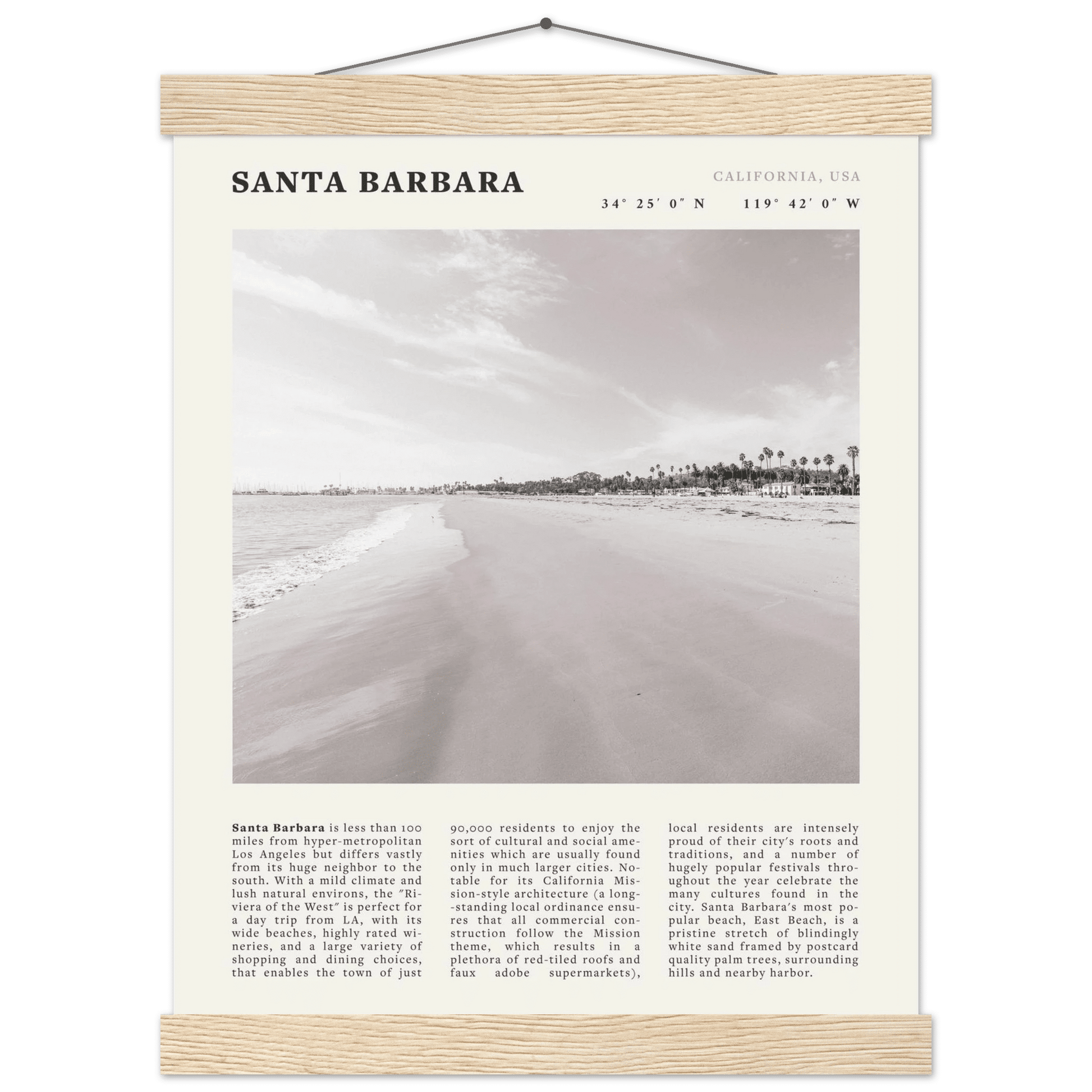 Santa Barbara Poster | Black & White California Beach Wall Art | CA Travel Print - Evergreen Posters