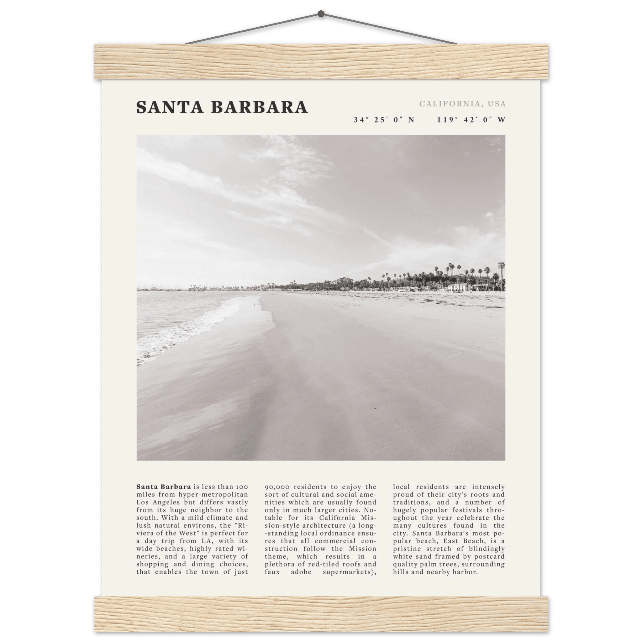 Santa Barbara Poster | Black & White California Beach Wall Art | CA Travel Print - Evergreen Posters