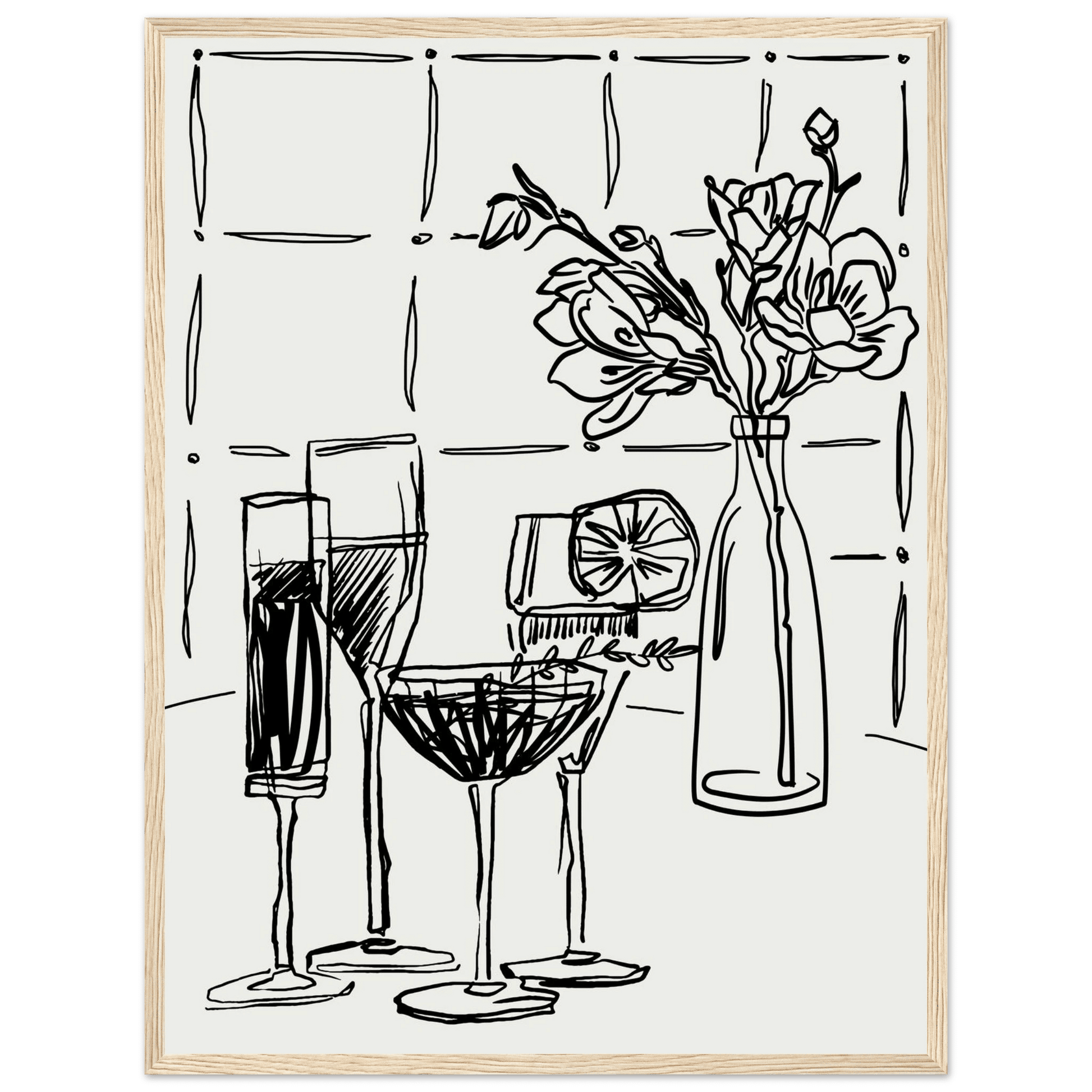 Cocktails & Flowers Print | Black Line Art Drinks Wall Art | Kitchen Bar Poster - Evergreen Posters