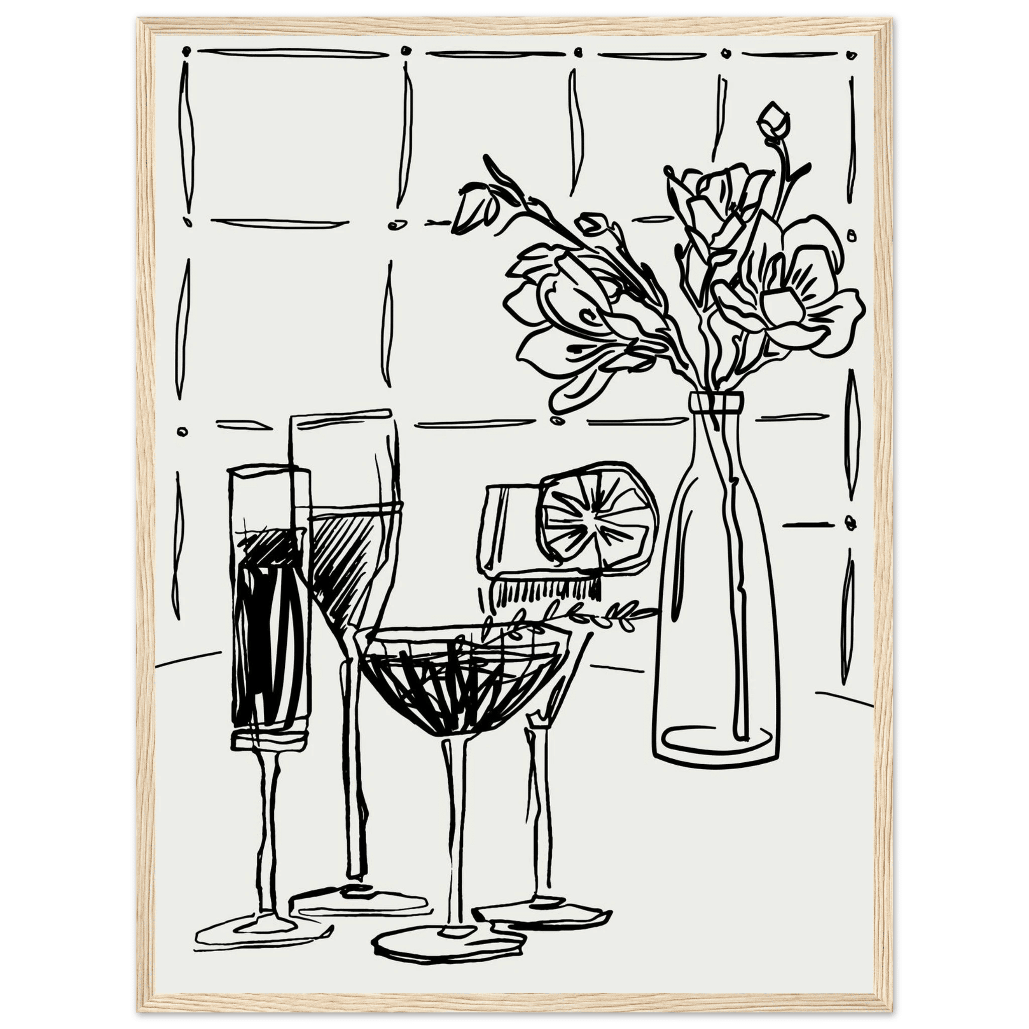 Cocktails & Flowers Print | Black Line Art Drinks Wall Art | Kitchen Bar Poster - Evergreen Posters