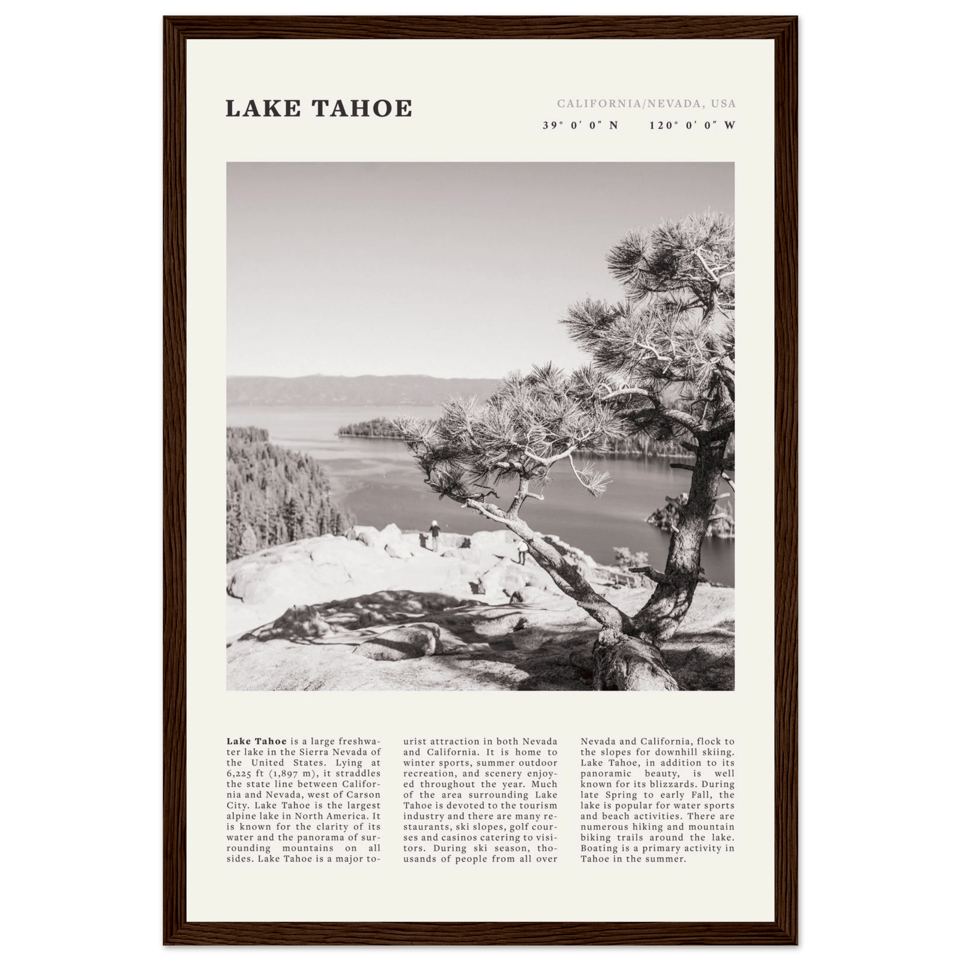 Lake Tahoe Poster | Black & White California Nevada Wall Art | Nature Travel Print Decor - Evergreen Posters