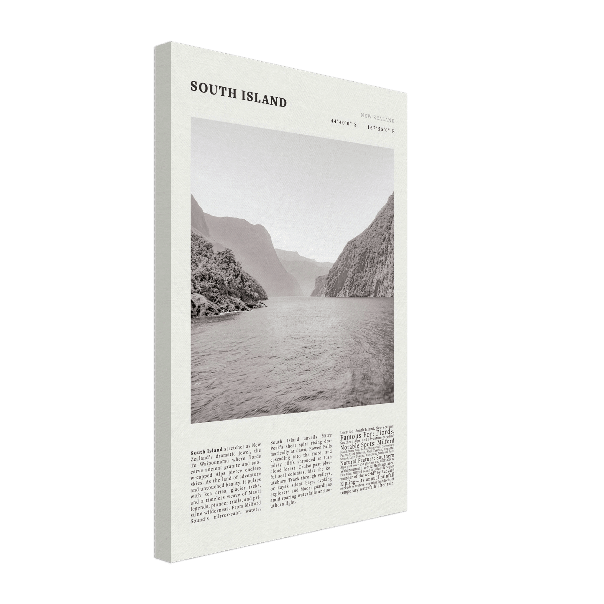 South Island New Zealand Poster Black and White – Vintage Milford Sound Fjord Print - Evergreen Posters