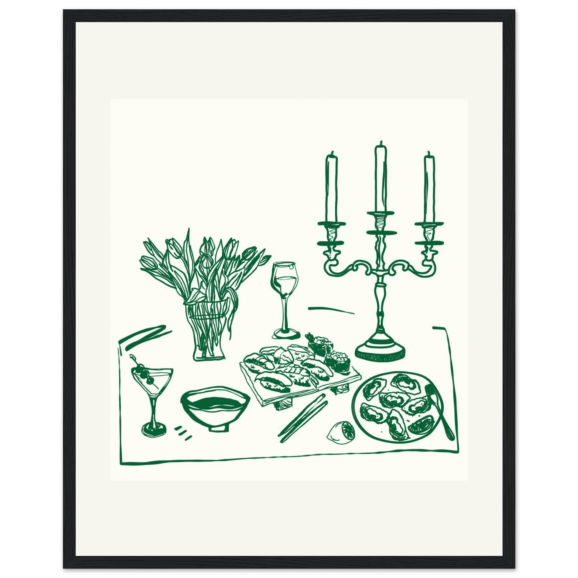 Fine Dining Table Print | Green Line Art Kitchen Wall Art | Elegant Dining Room Poster - Evergreen Posters