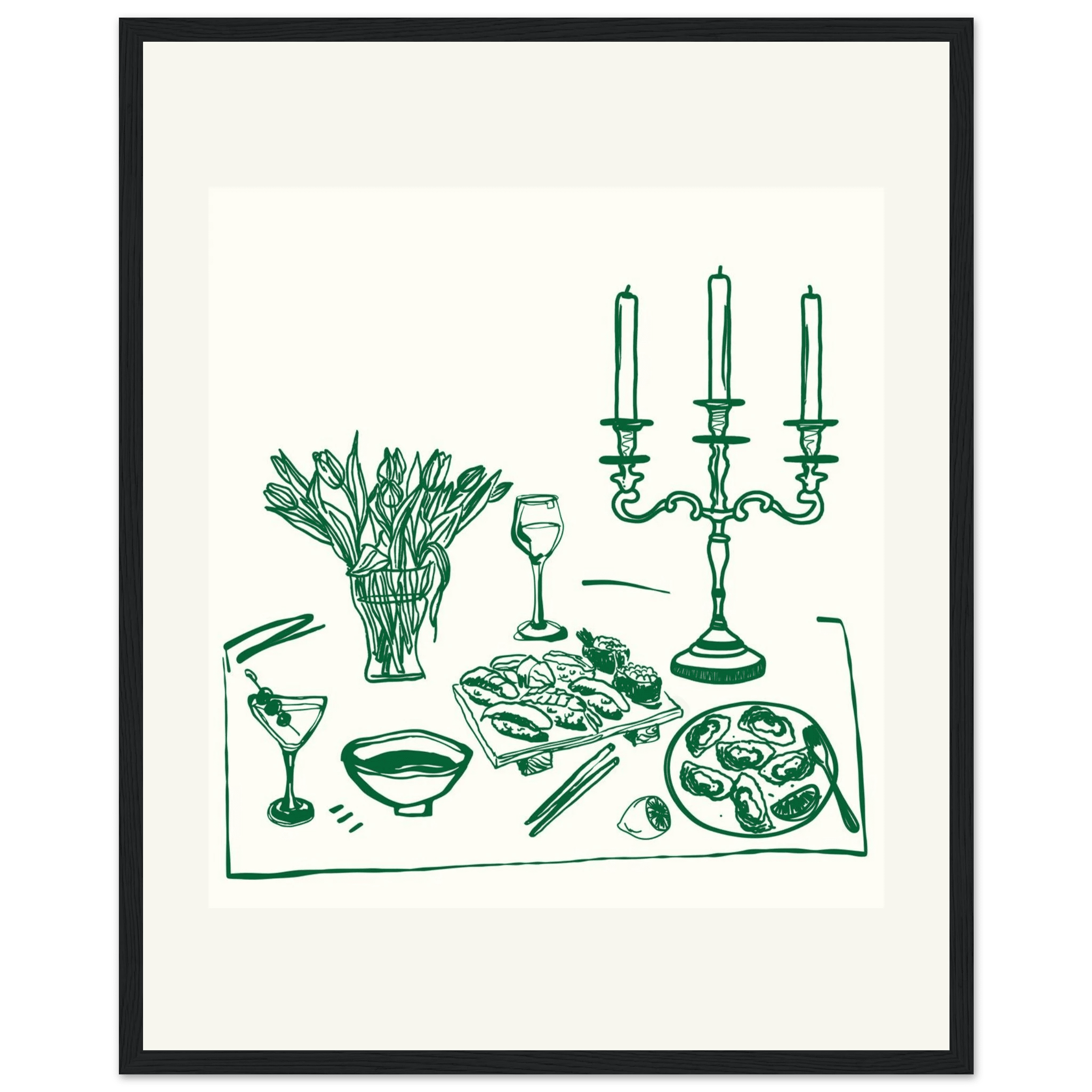 Fine Dining Table Print | Green Line Art Kitchen Wall Art | Elegant Dining Room Poster - Evergreen Posters
