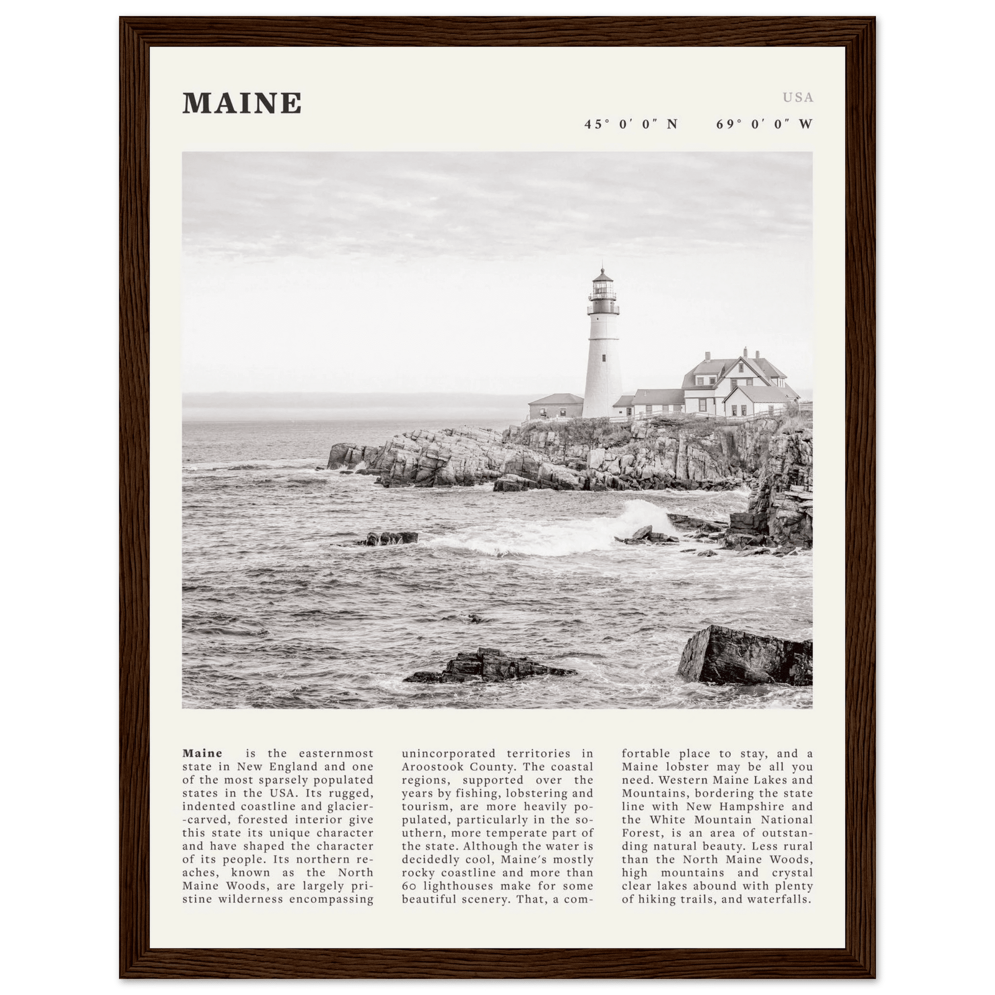Maine Poster | Black & White Lighthouse Wall Art | New England Coastal Travel Print - Evergreen Posters
