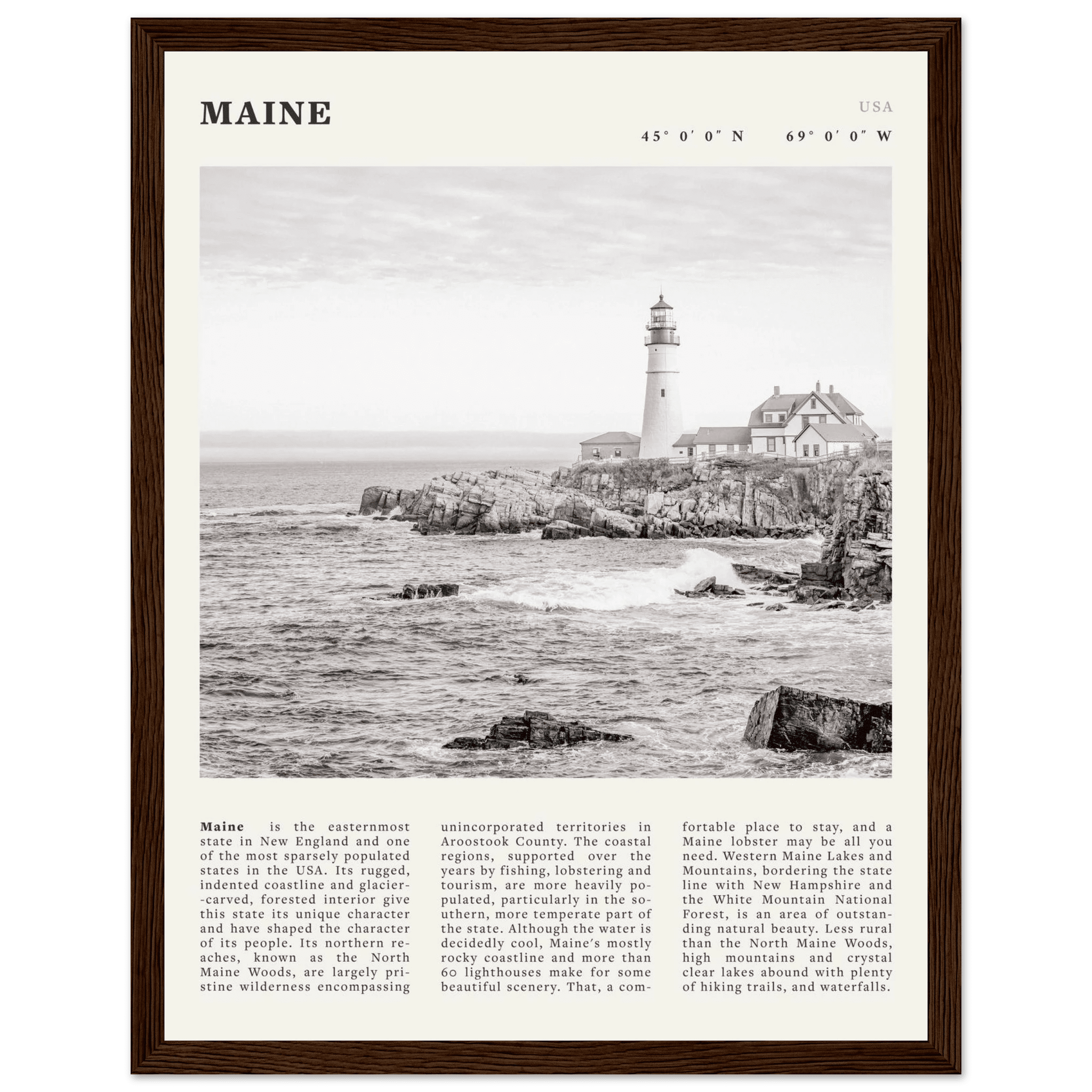 Maine Poster | Black & White Lighthouse Wall Art | New England Coastal Travel Print - Evergreen Posters