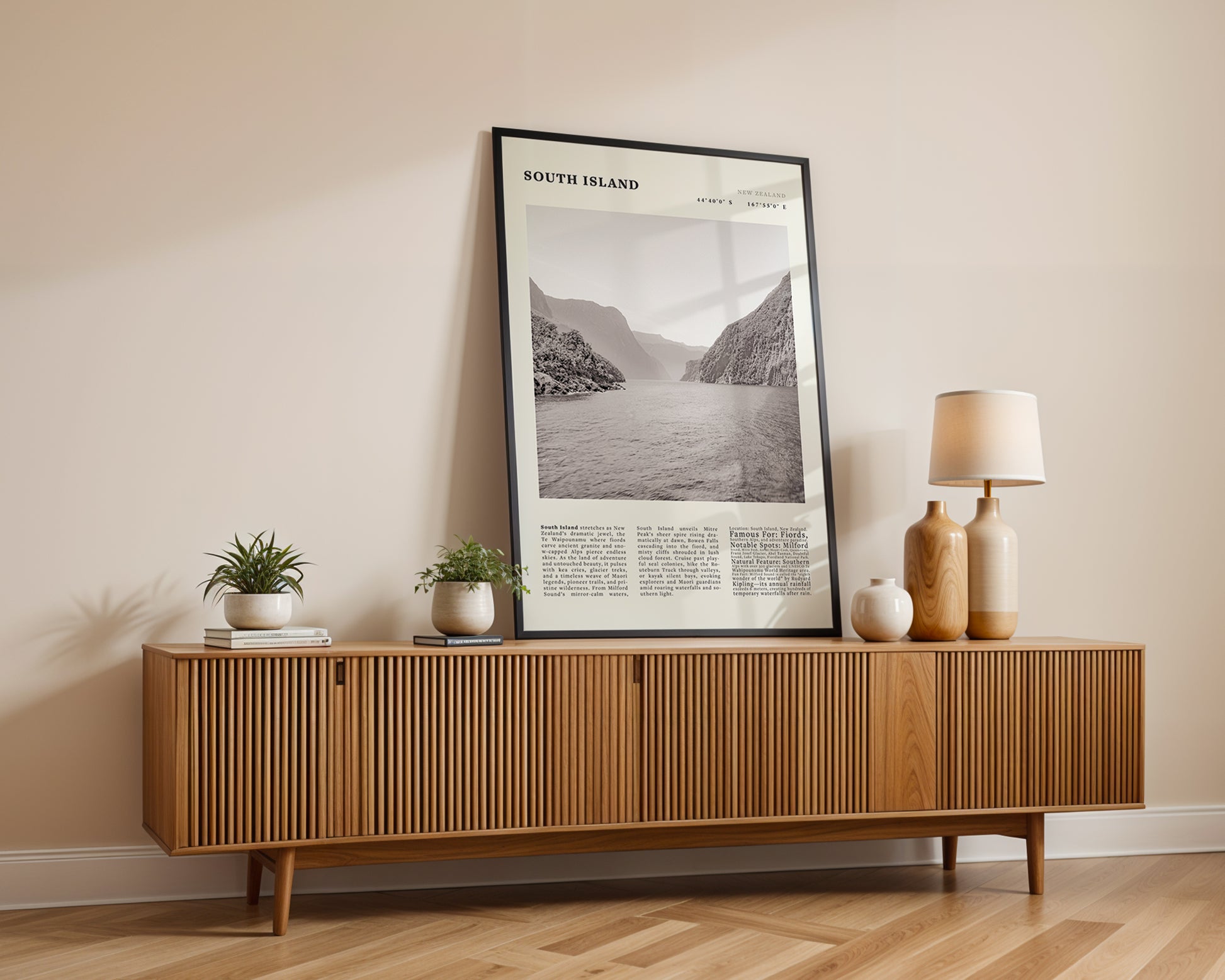 South Island New Zealand Poster Black and White – Vintage Milford Sound Fjord Print - Evergreen Posters