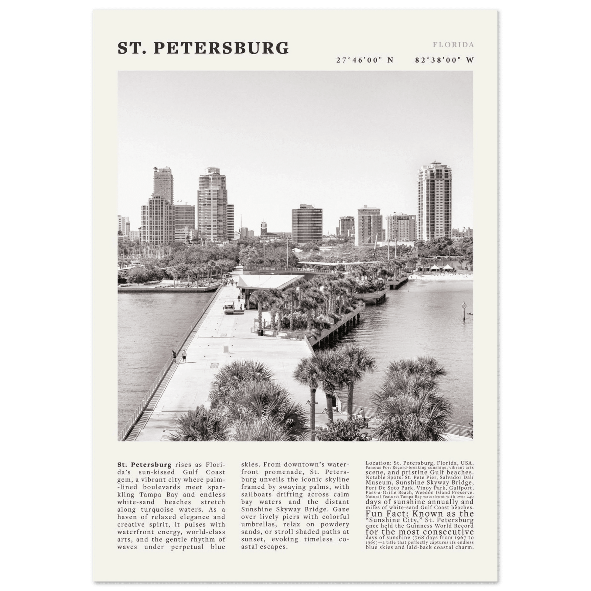 St. Petersburg Florida Poster Black and White – Vintage St Pete Skyline Print (Digital & Printed Options) - Evergreen Posters