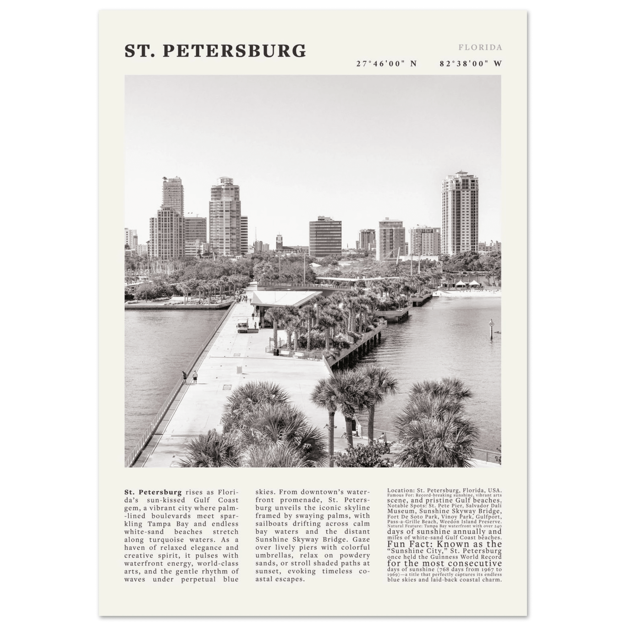 St. Petersburg Florida Poster Black and White – Vintage St Pete Skyline Print (Digital & Printed Options) - Evergreen Posters