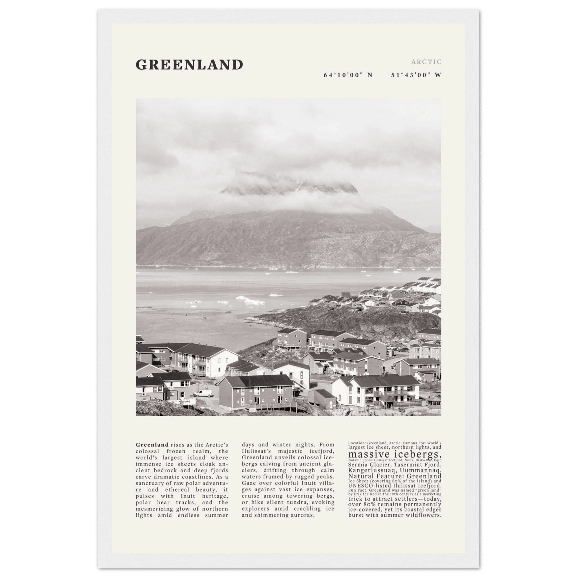 Greenland Poster Black and White – Vintage Arctic Fjord Landscape Print (Digital & Printed Options) - Evergreen Posters