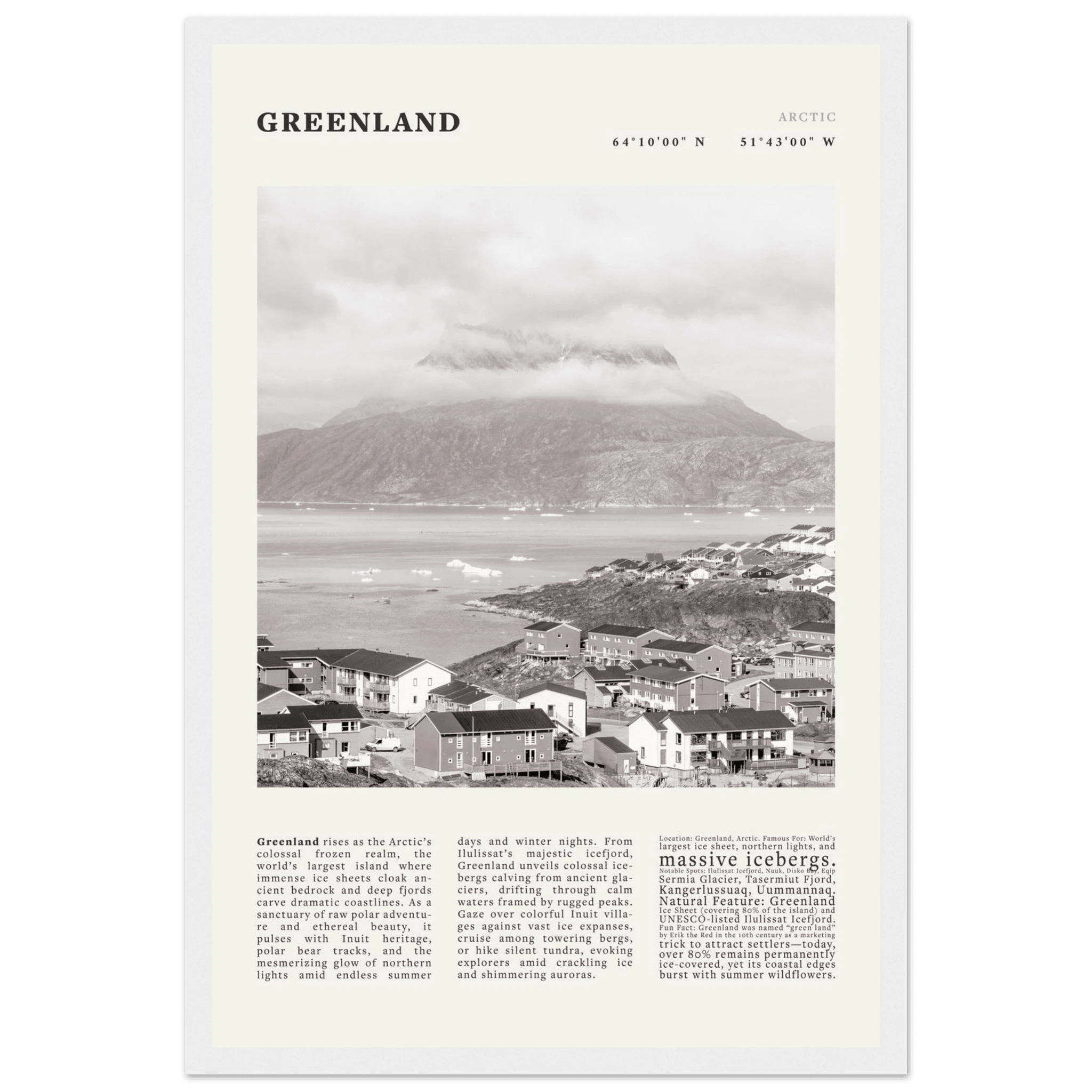 Greenland Poster Black and White – Vintage Arctic Fjord Landscape Print (Digital & Printed Options) - Evergreen Posters