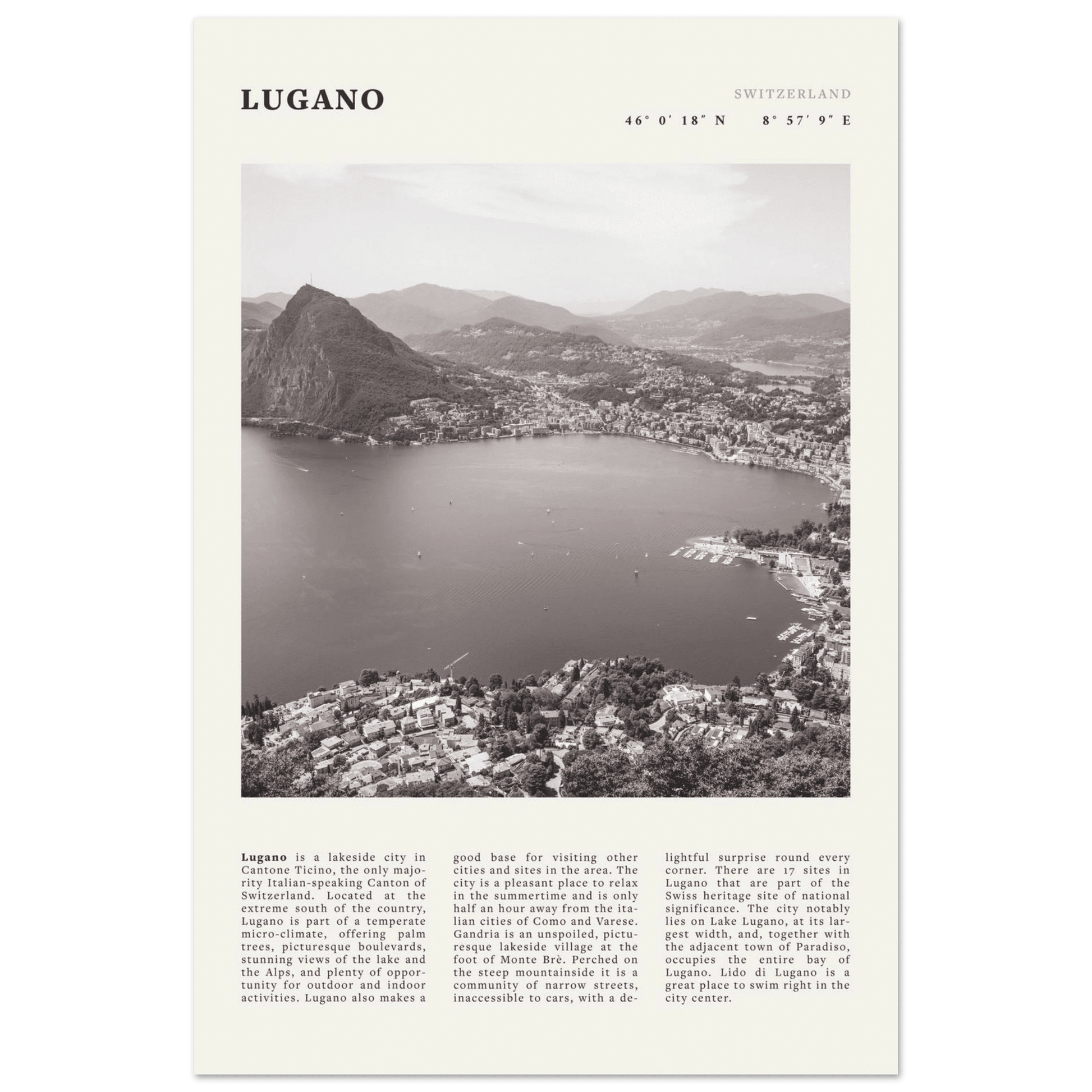 Lugano Poster | Black & White Swiss Lake Wall Art | Switzerland Travel Print - Evergreen Posters