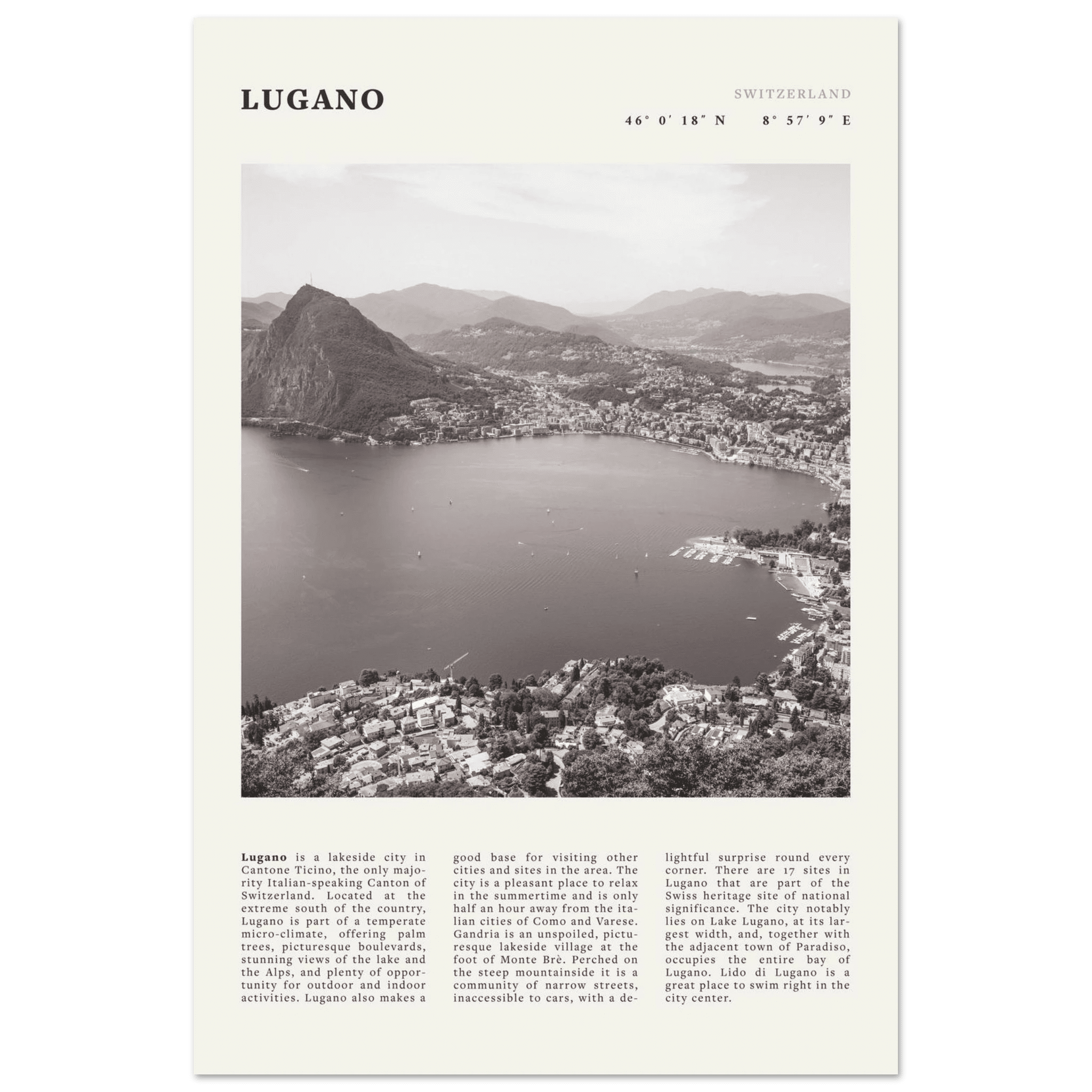 Lugano Poster | Black & White Swiss Lake Wall Art | Switzerland Travel Print - Evergreen Posters