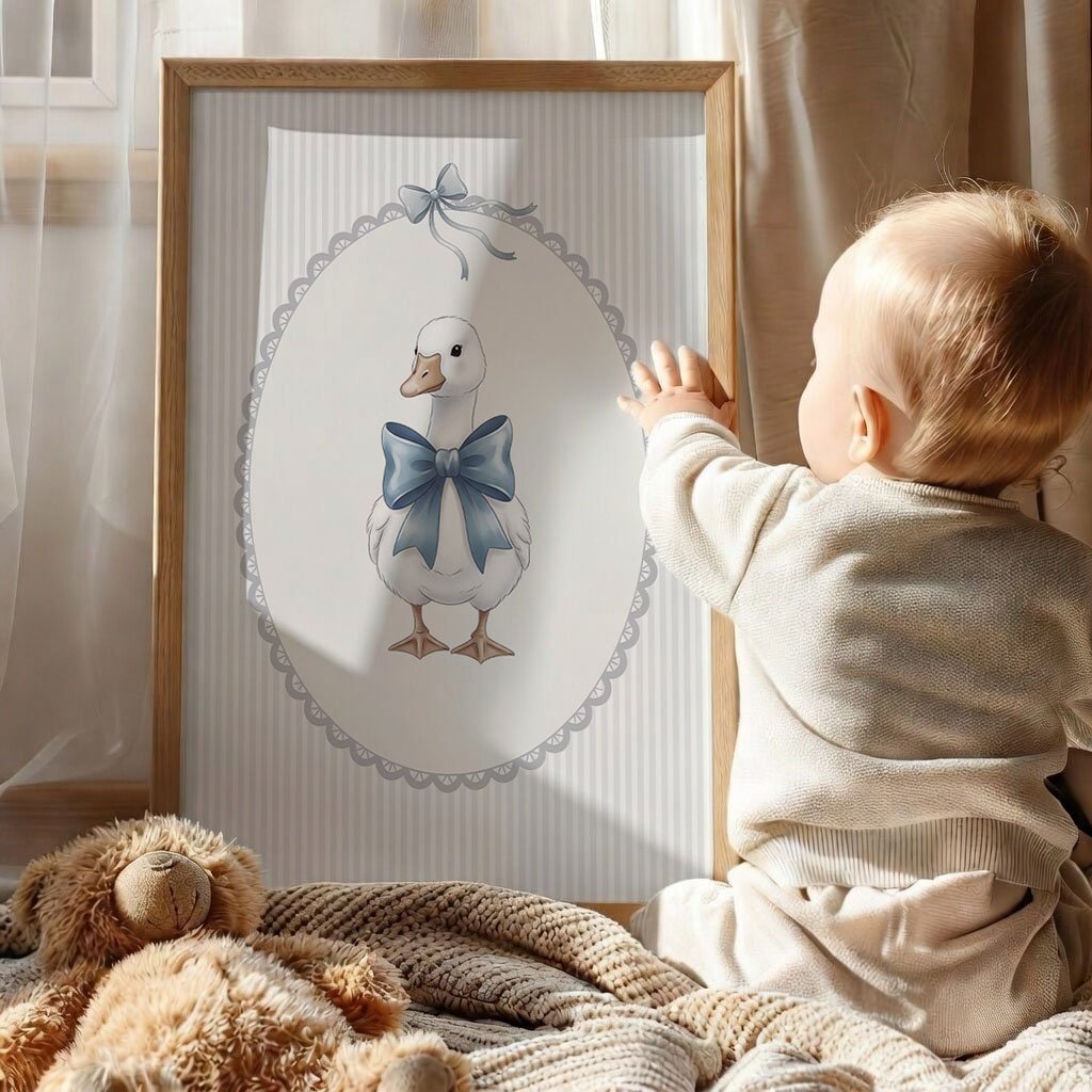Blue Bow Duck Nursery Poster – Sweet Baby Room Wall Art Print - Evergreen Posters