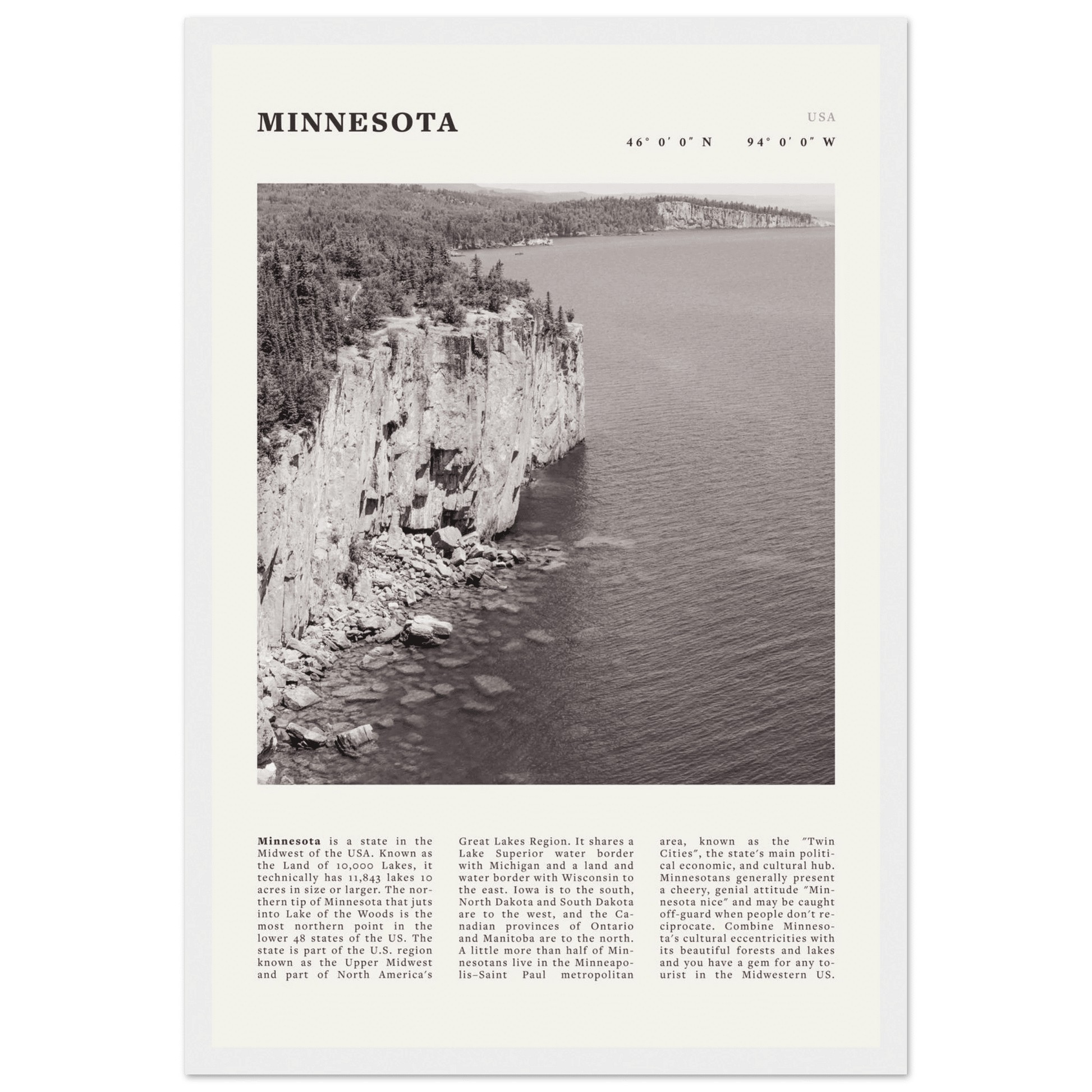 Minnesota Poster | Black & White Lake Superior Wall Art | USA Nature Travel Print - Evergreen Posters