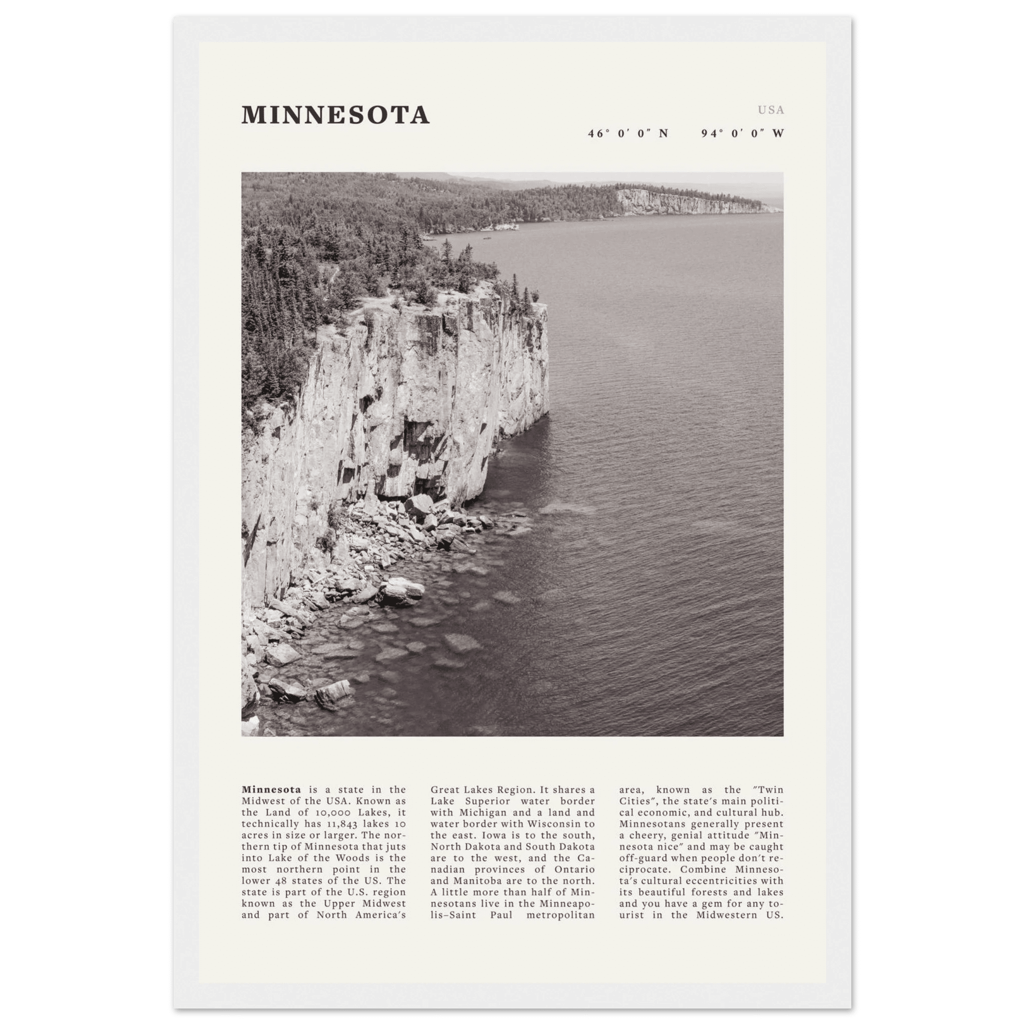 Minnesota Poster | Black & White Lake Superior Wall Art | USA Nature Travel Print - Evergreen Posters
