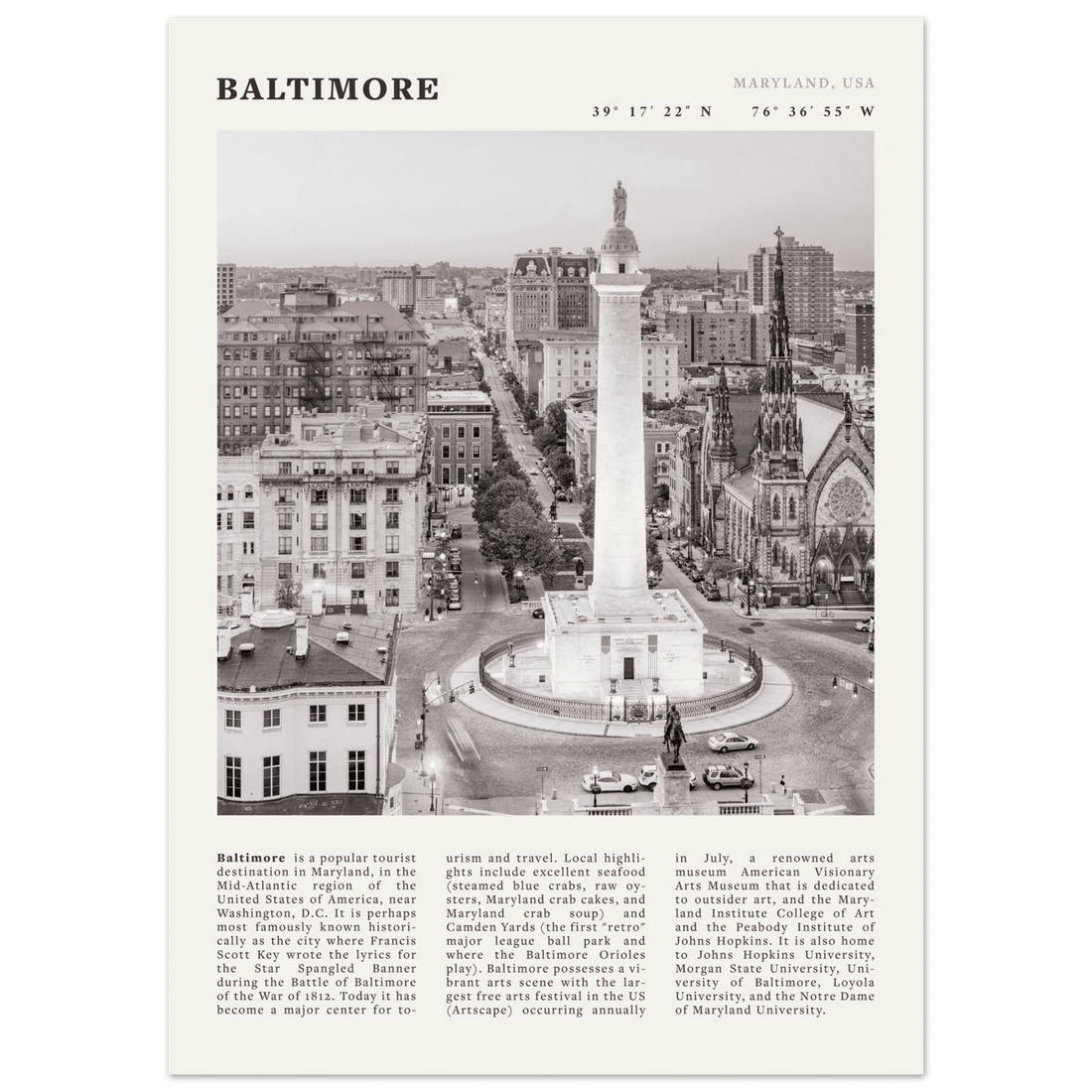 Baltimore Poster | Black & White Maryland City Wall Art | USA Travel Print - Evergreen Posters