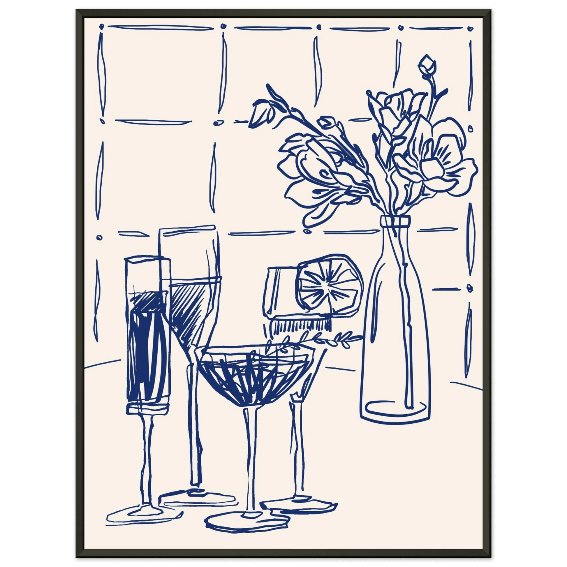 Cocktails & Flowers Print | Navy Blue Line Art Drinks Wall Art | Kitchen Bar Poster - Evergreen Posters