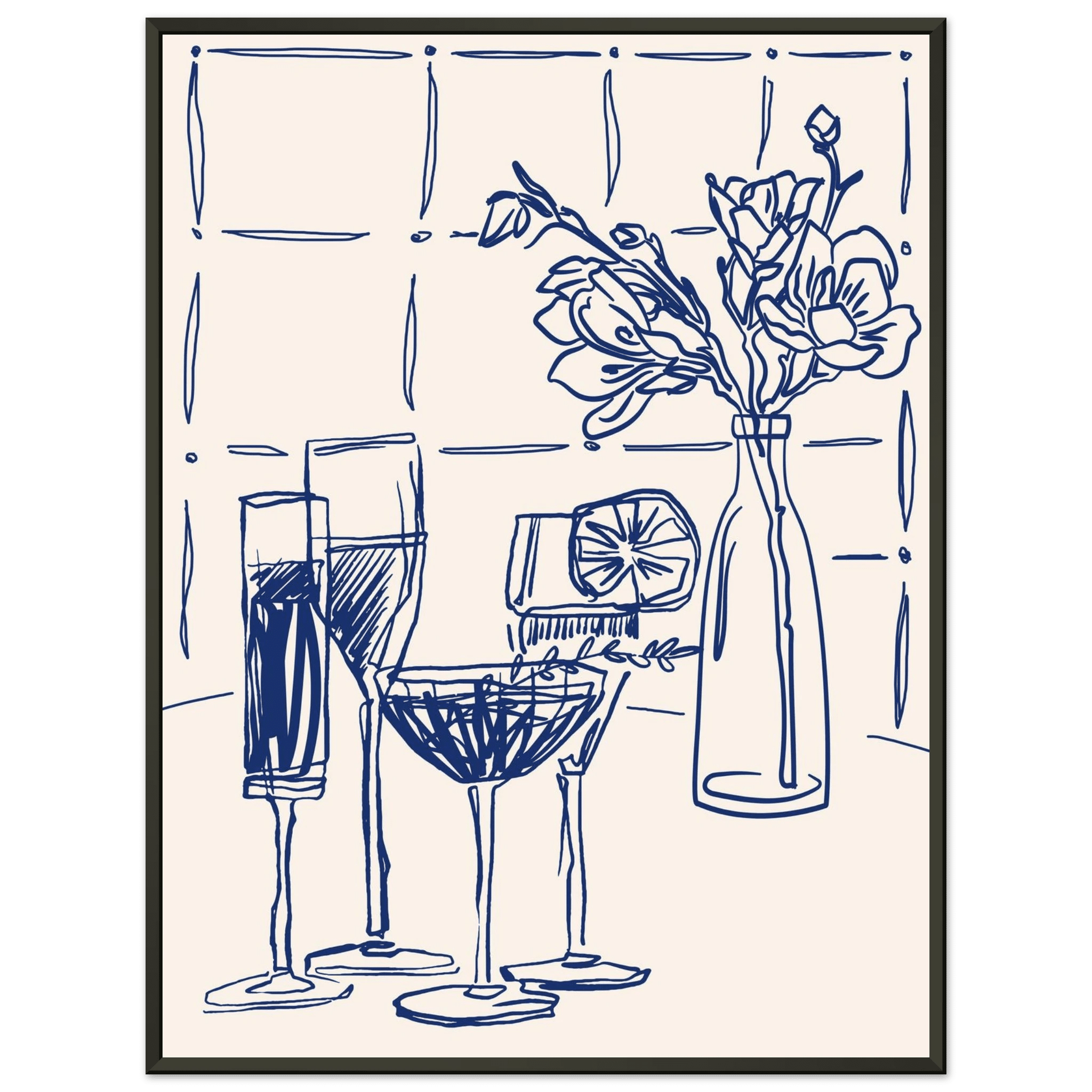 Cocktails & Flowers Print | Navy Blue Line Art Drinks Wall Art | Kitchen Bar Poster - Evergreen Posters