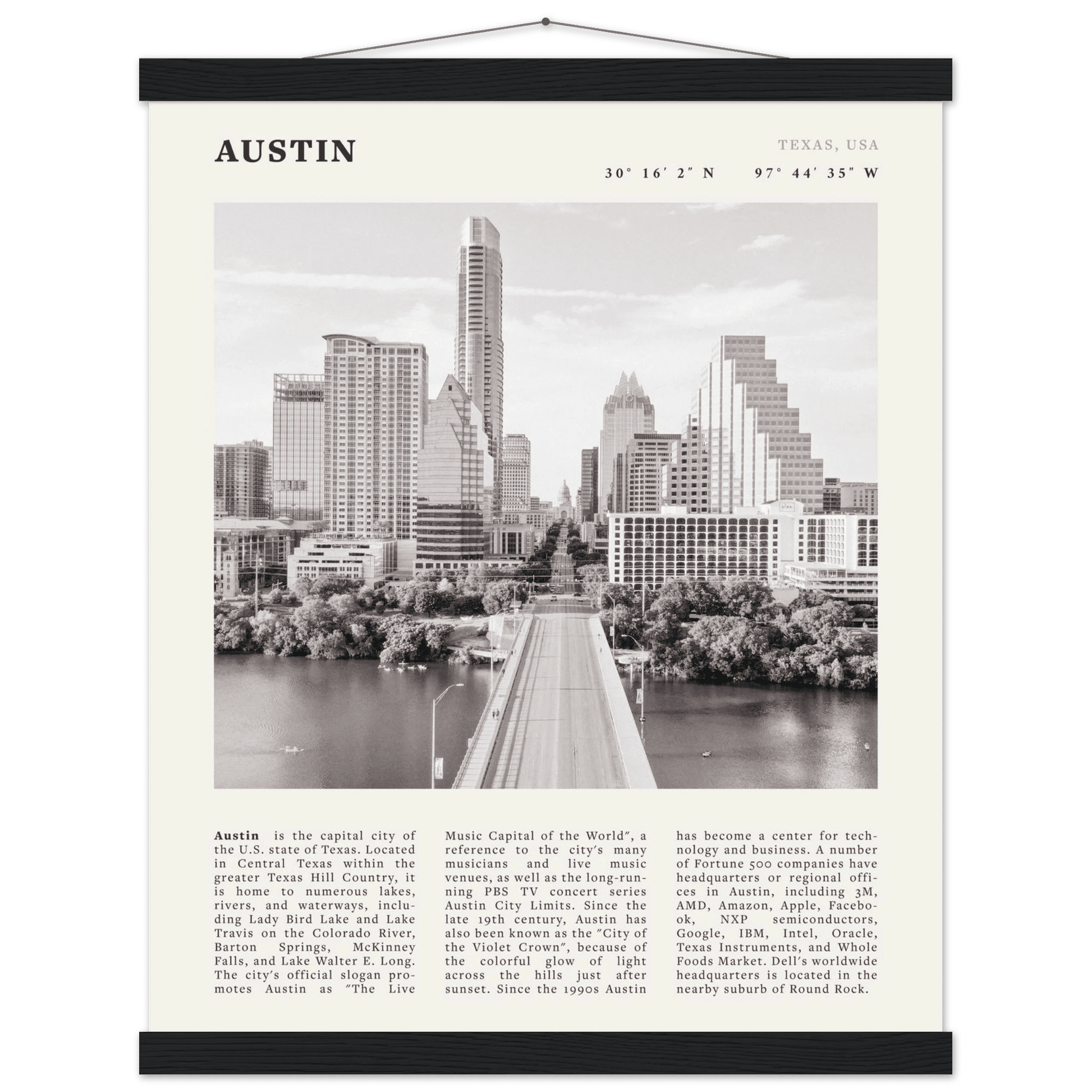 Austin Poster | Black & White Texas Skyline Wall Art | City Travel Print Decor - Evergreen Posters
