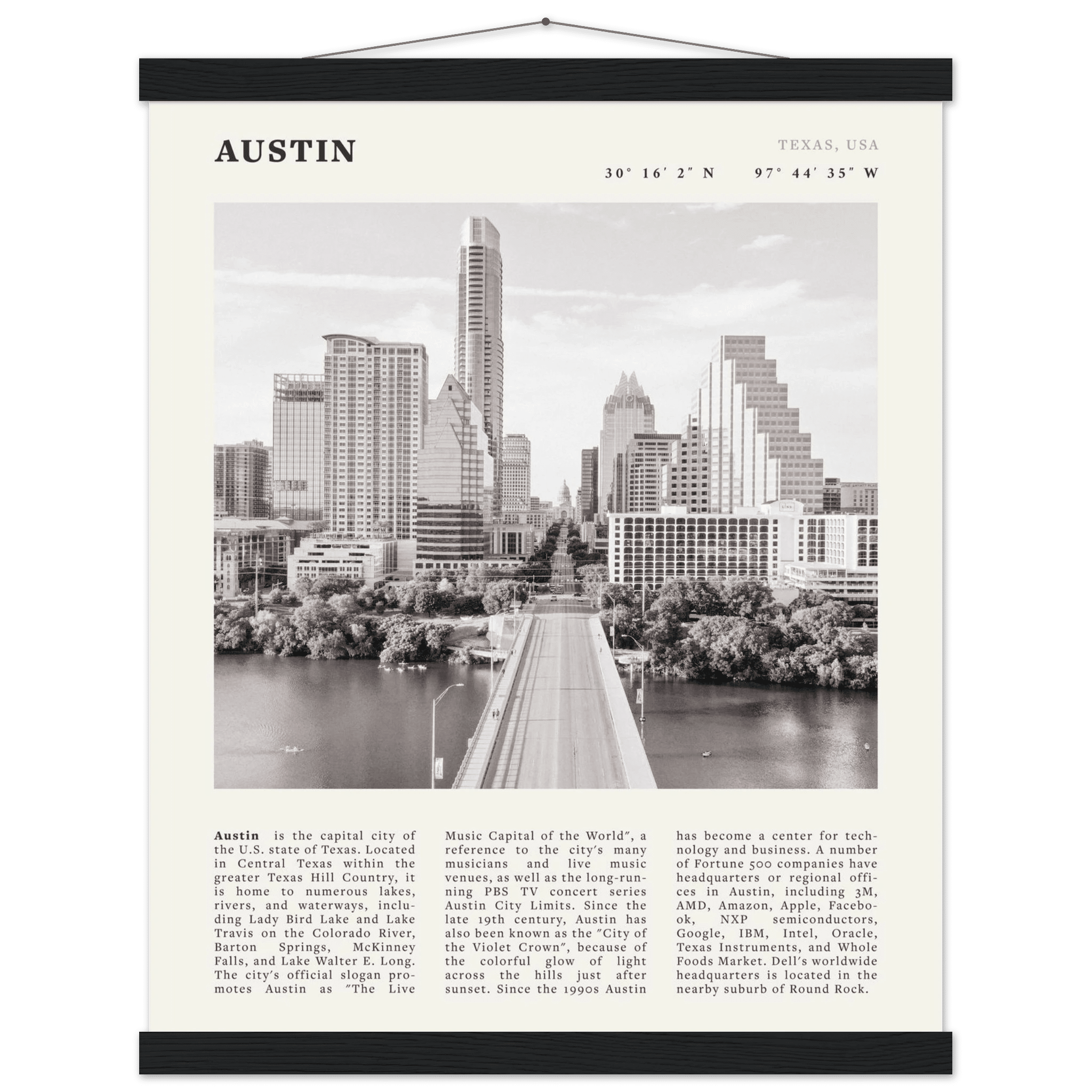 Austin Poster | Black & White Texas Skyline Wall Art | City Travel Print Decor - Evergreen Posters