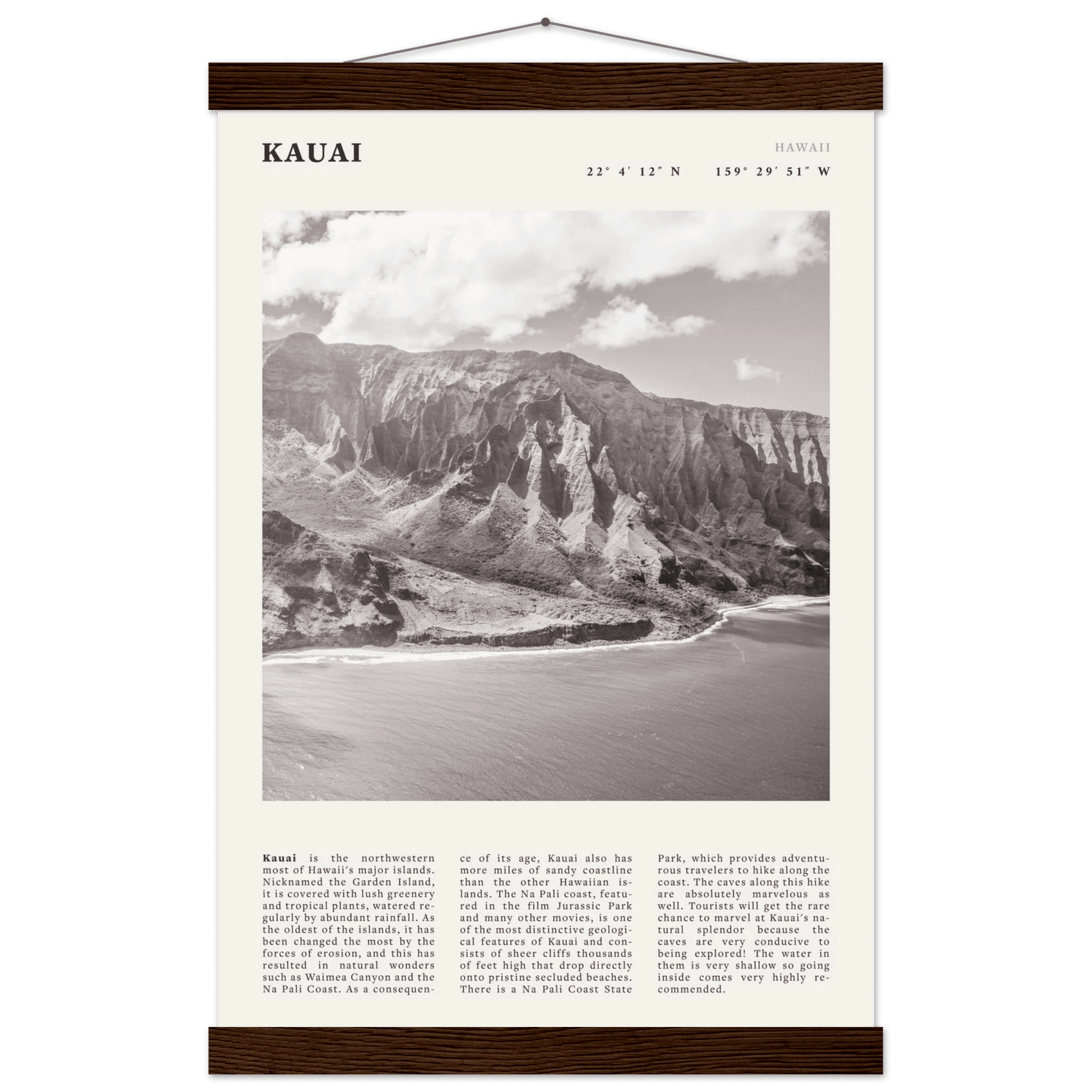 Kauai Poster | Black & White Na Pali Coast Wall Art | Hawaii Travel Print Decor - Evergreen Posters