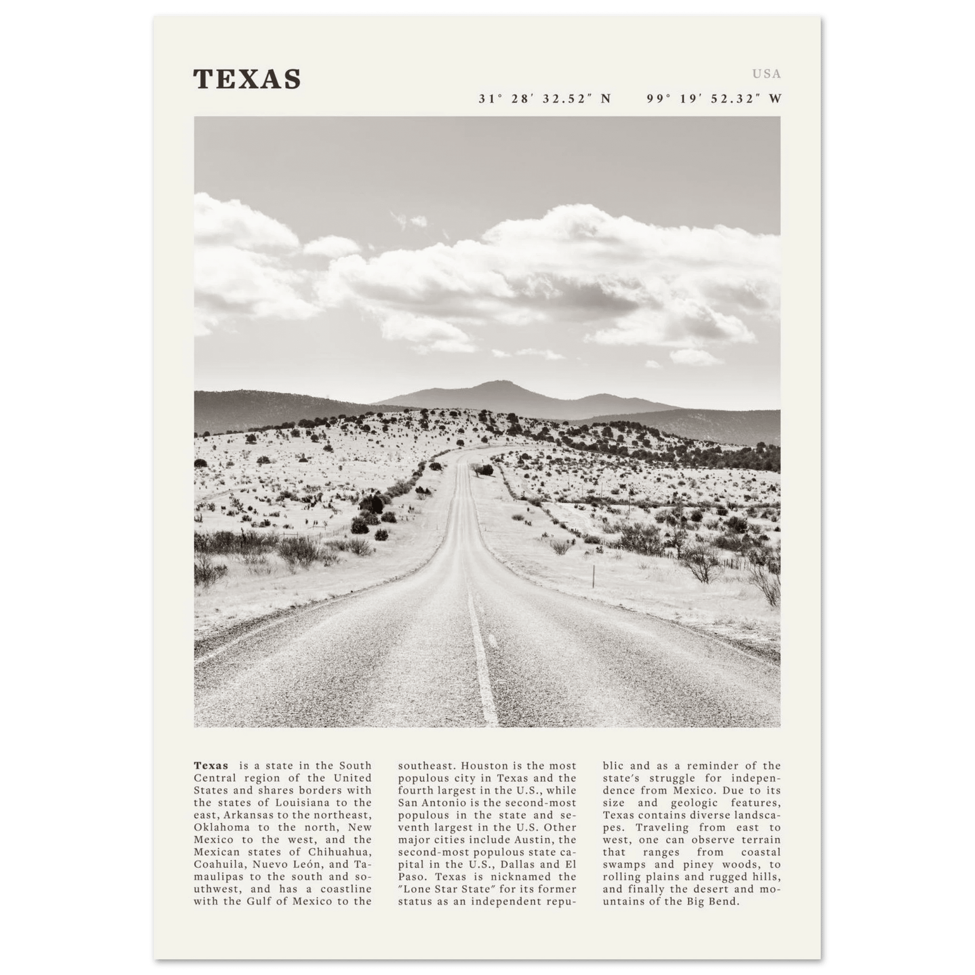 Texas Poster | Black & White Lone Star Road Wall Art | USA Travel Print Decor - Evergreen Posters