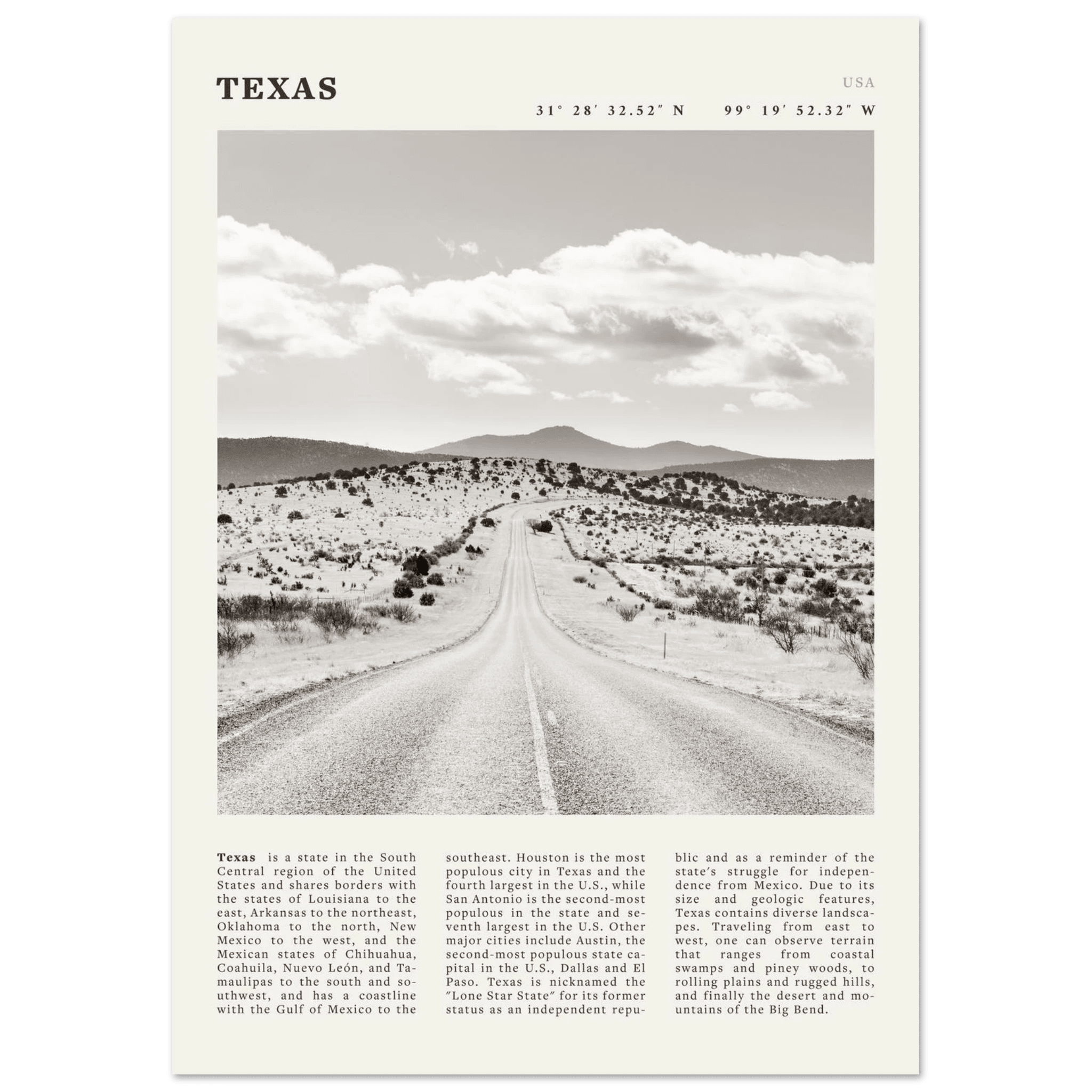 Texas Poster | Black & White Lone Star Road Wall Art | USA Travel Print Decor - Evergreen Posters
