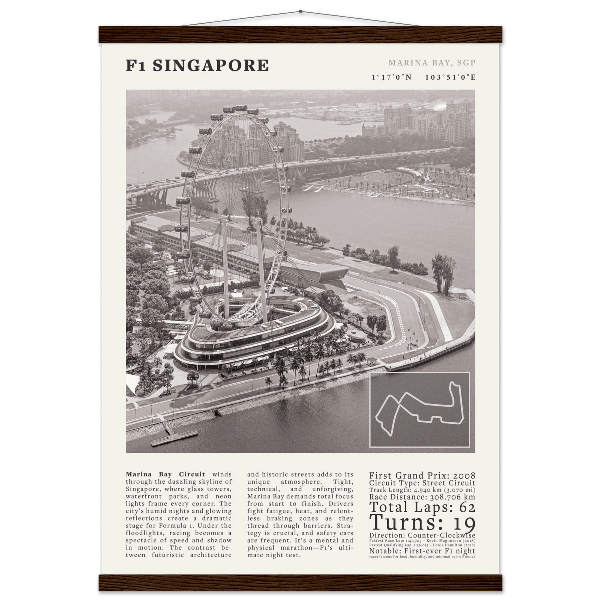 F1 Singapore Poster Black and White – Vintage Marina Bay Night Race Print (Digital & Printed Options) - Evergreen Posters