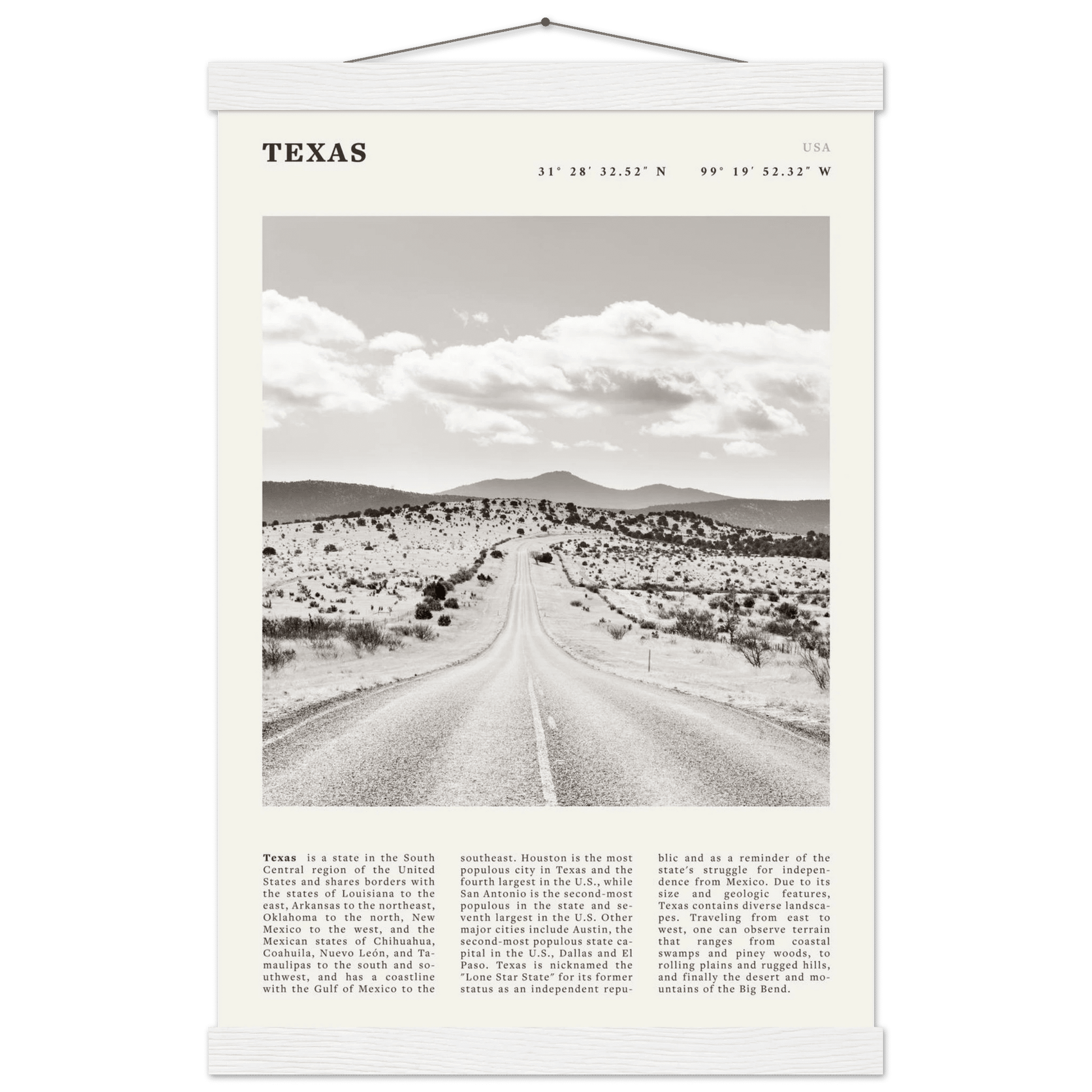 Texas Poster | Black & White Lone Star Road Wall Art | USA Travel Print Decor - Evergreen Posters