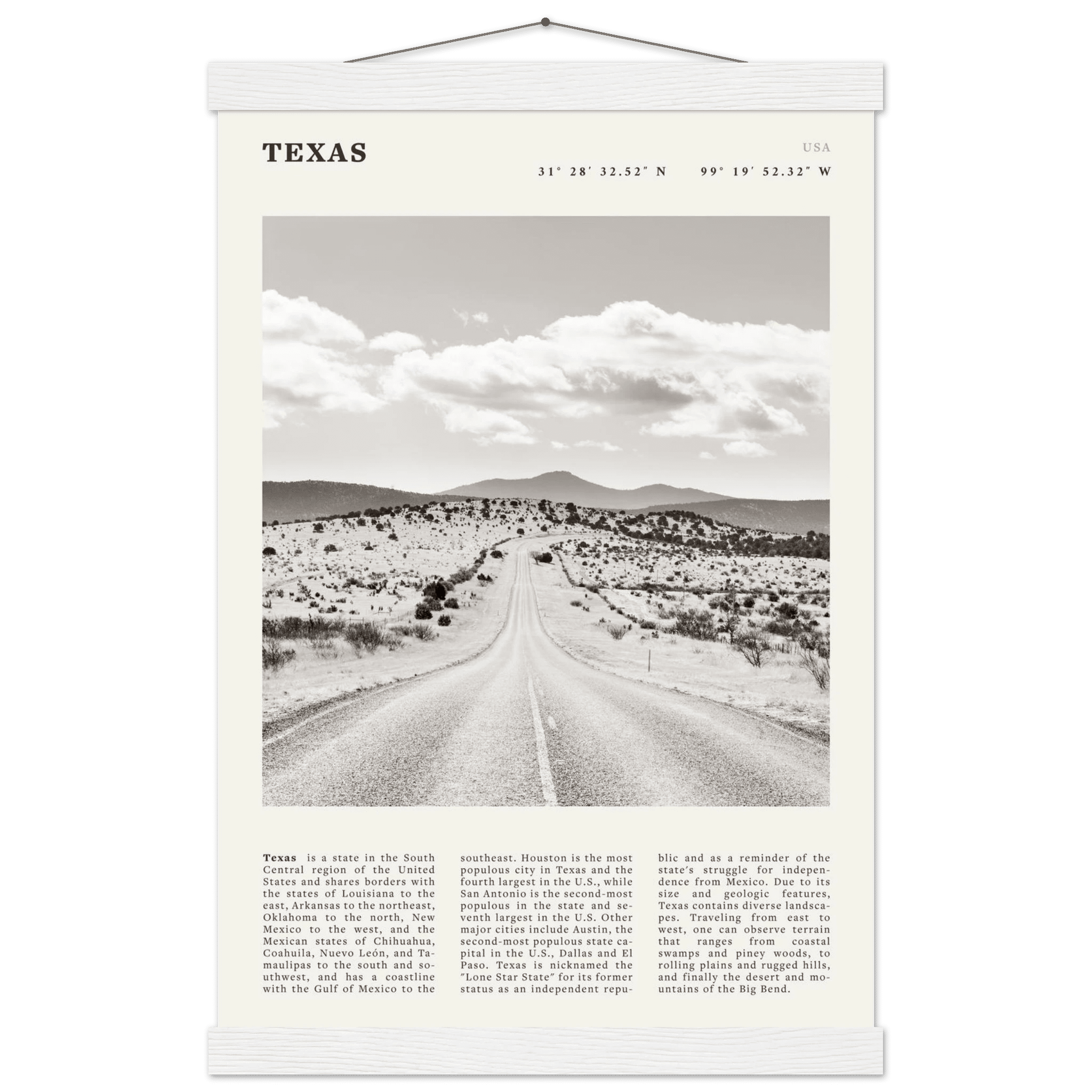 Texas Poster | Black & White Lone Star Road Wall Art | USA Travel Print Decor - Evergreen Posters