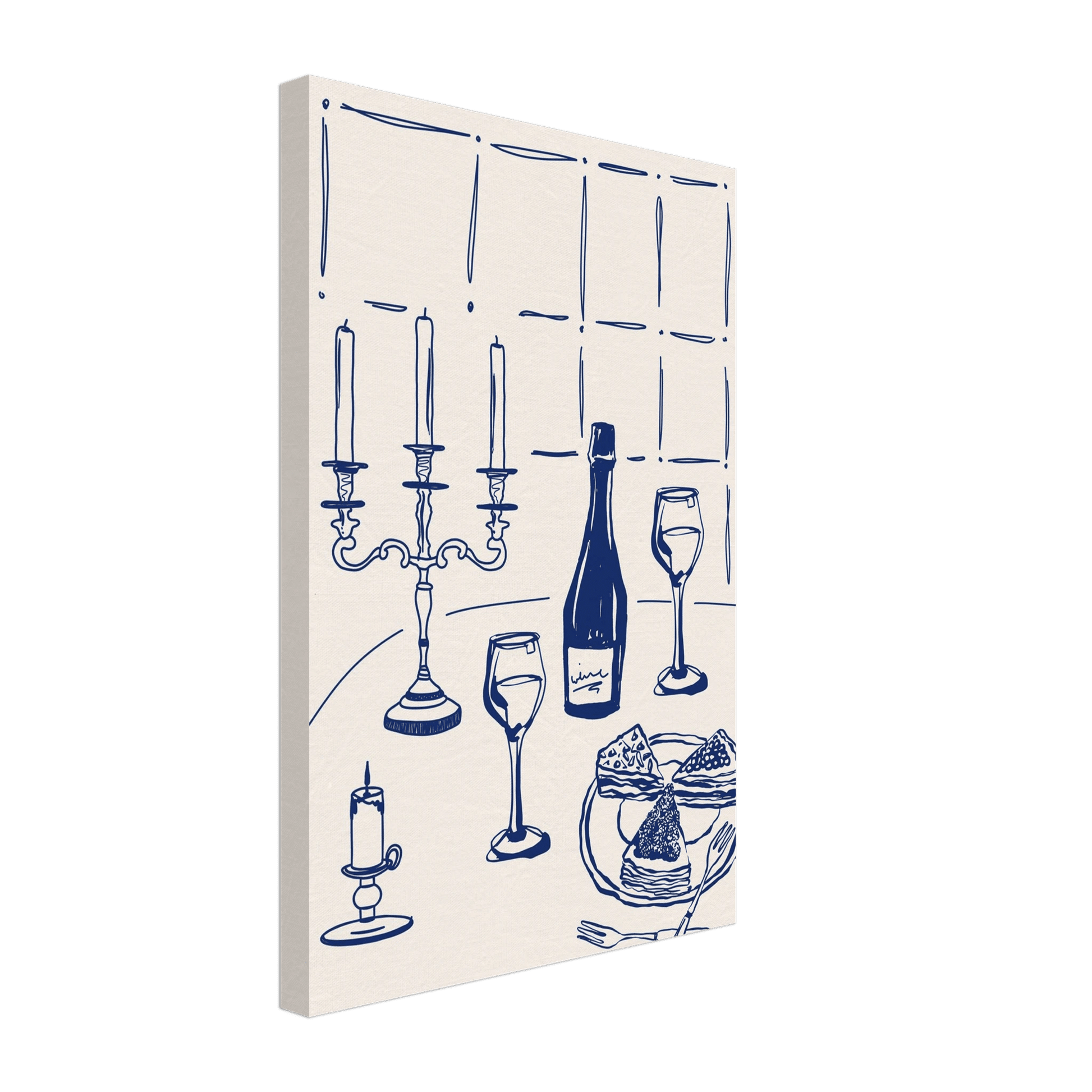 Candlelight Dinner Print | Navy Blue Wine & Candelabra Line Art | Kitchen Poster - Evergreen Posters