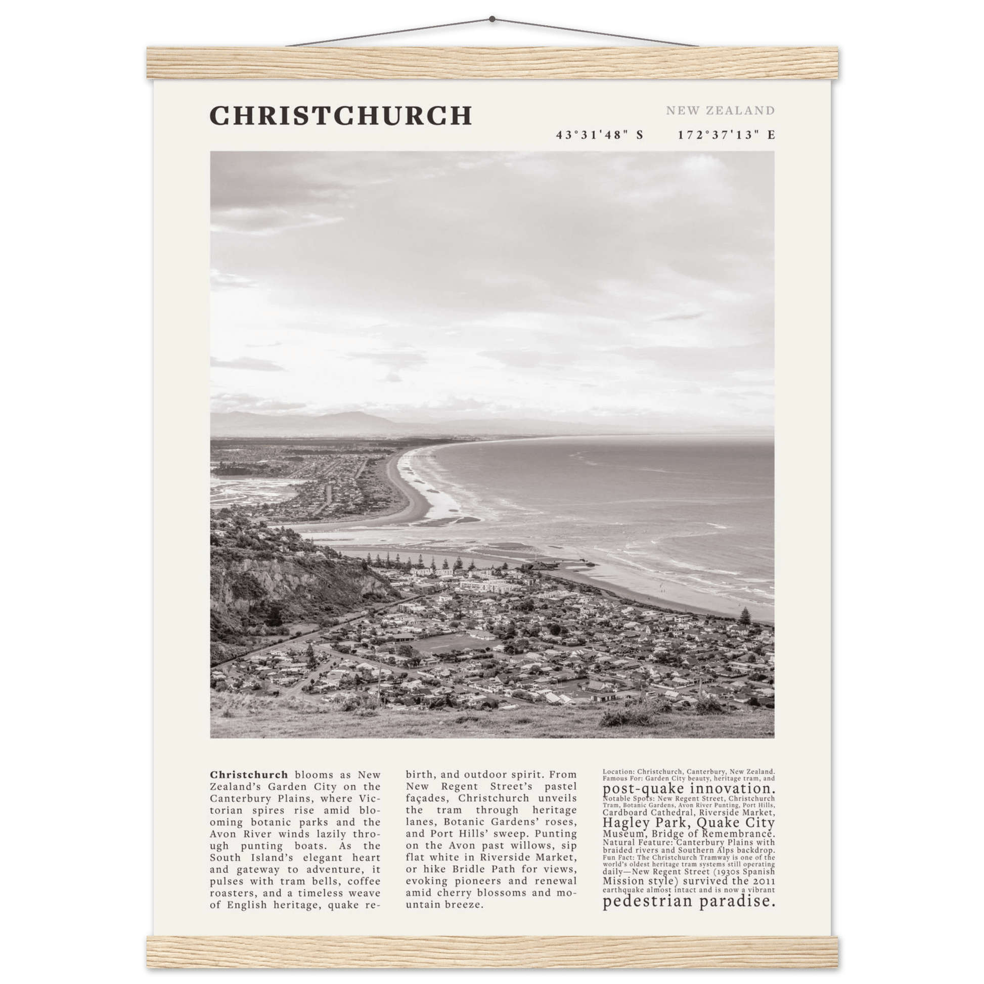 Christchurch New Zealand Poster Black and White – Vintage Garden City Panorama Print - Evergreen Posters