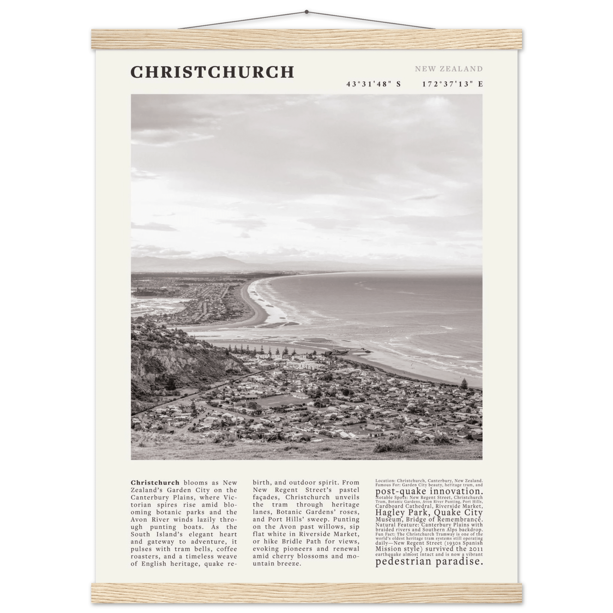 Christchurch New Zealand Poster Black and White – Vintage Garden City Panorama Print - Evergreen Posters