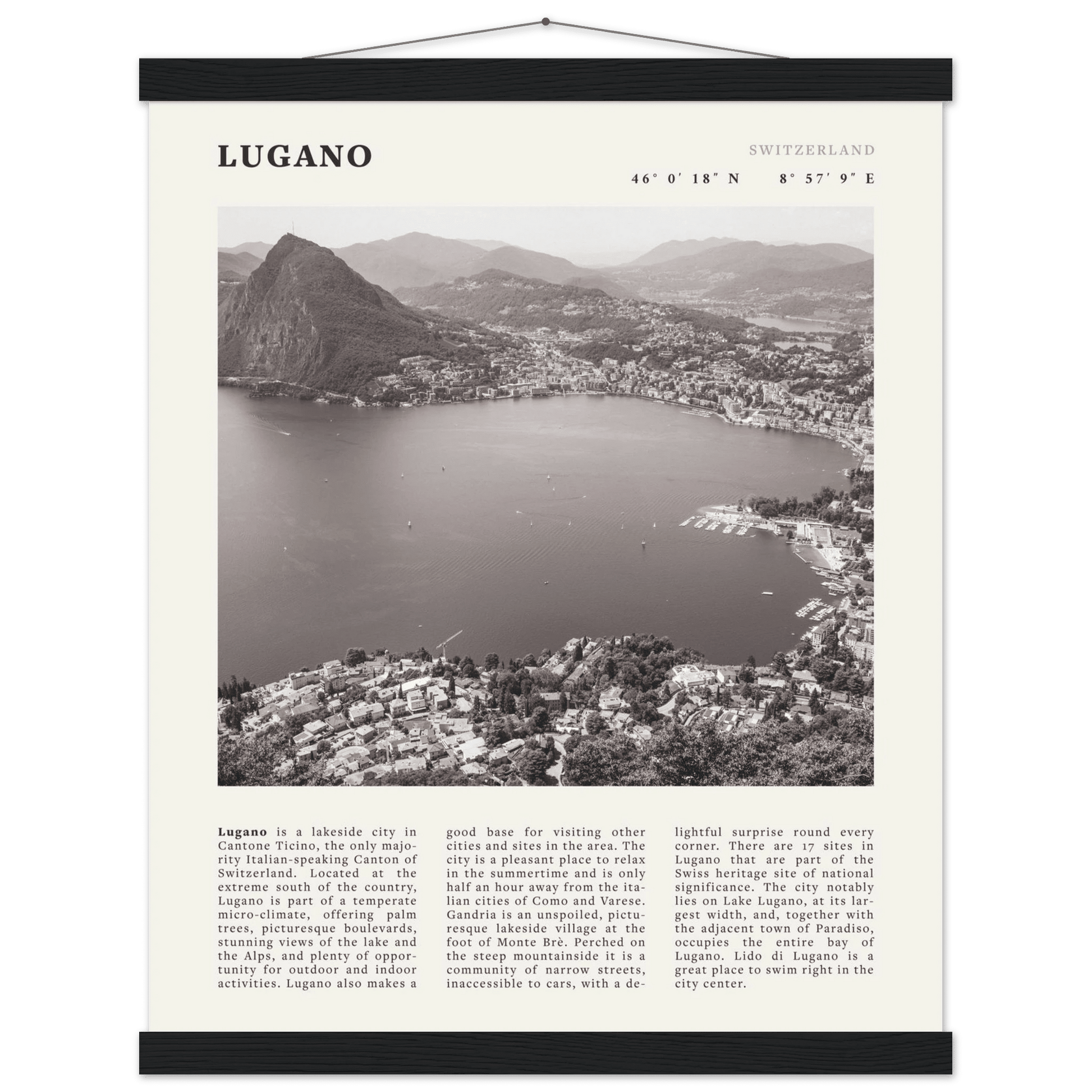 Lugano Poster | Black & White Swiss Lake Wall Art | Switzerland Travel Print - Evergreen Posters