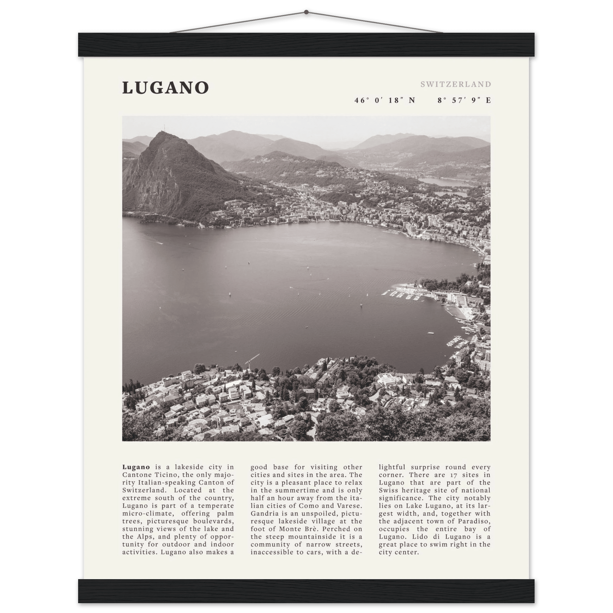 Lugano Poster | Black & White Swiss Lake Wall Art | Switzerland Travel Print - Evergreen Posters