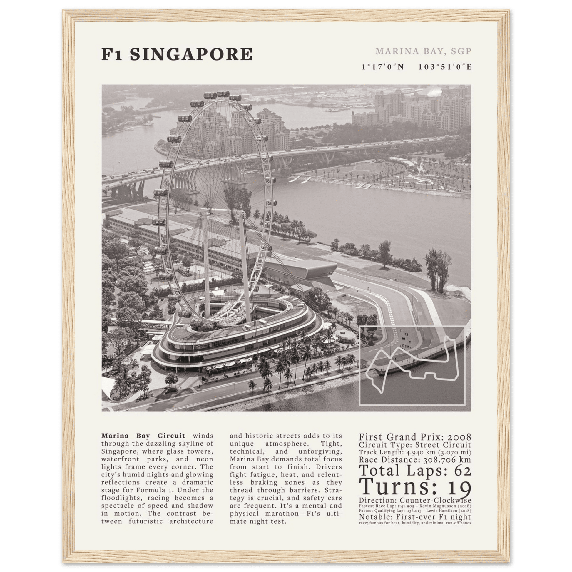 F1 Singapore Poster Black and White – Vintage Marina Bay Night Race Print (Digital & Printed Options) - Evergreen Posters