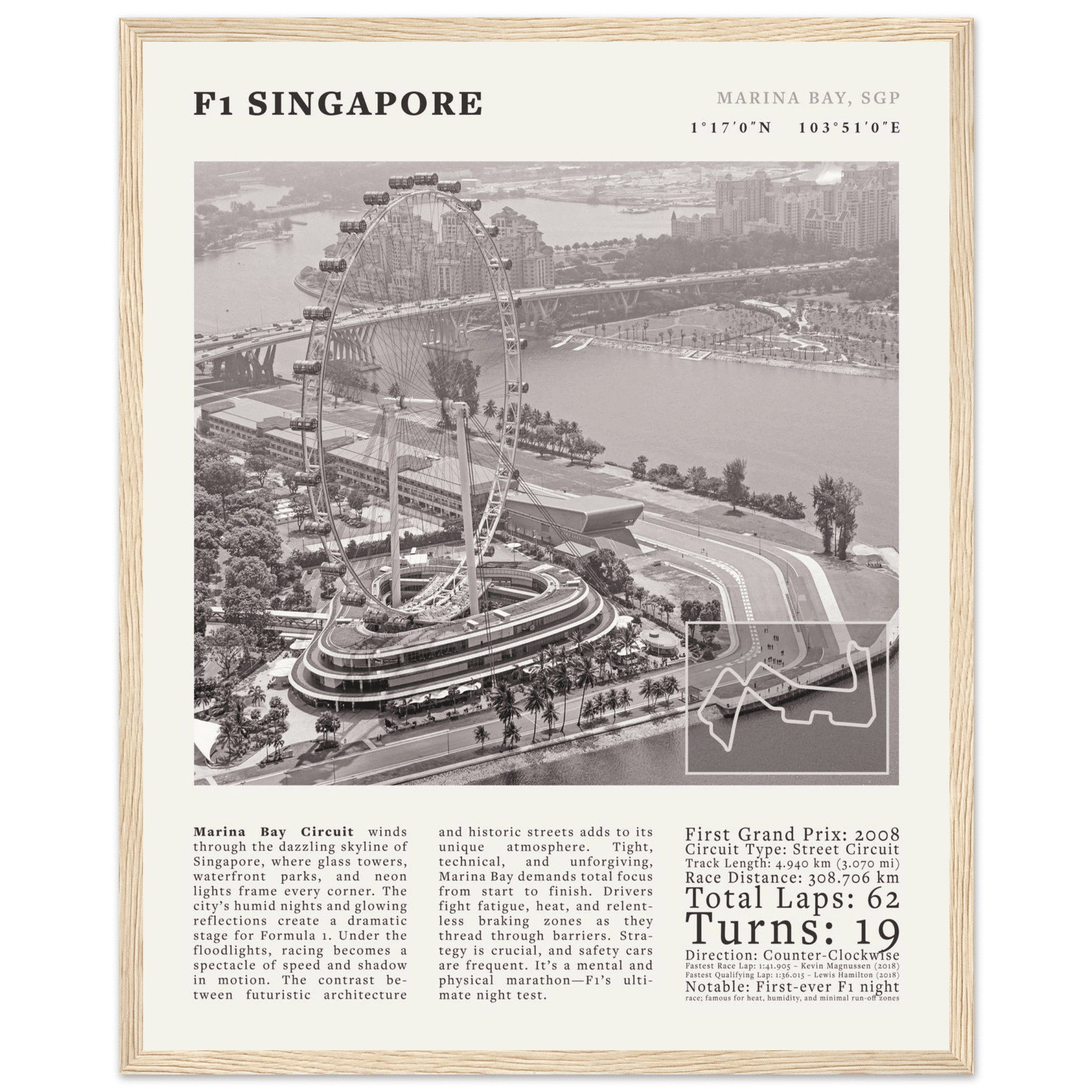 F1 Singapore Poster Black and White – Vintage Marina Bay Night Race Print (Digital & Printed Options) - Evergreen Posters