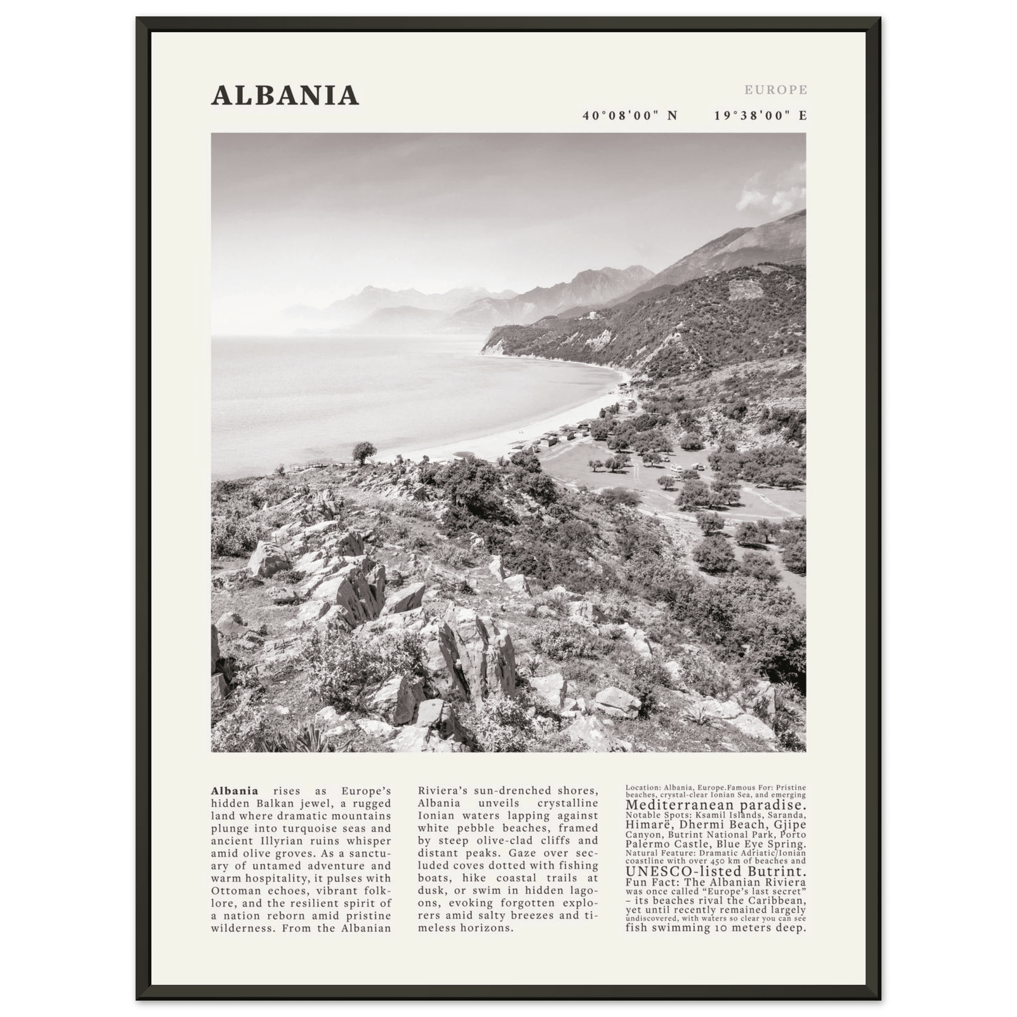 Albania Poster Black and White – Vintage Albanian Riviera Travel Print (Digital & Printed Options) - Evergreen Posters