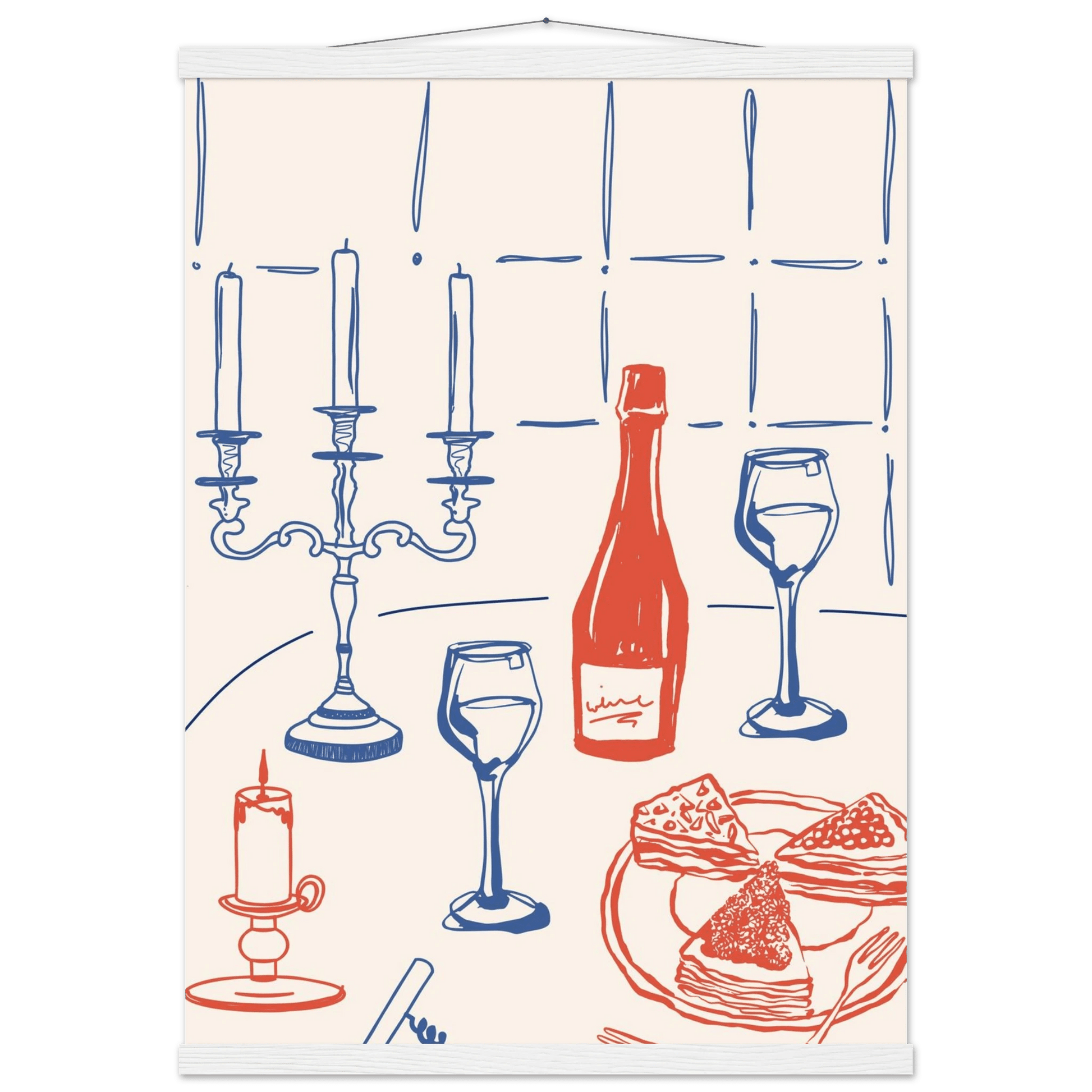 Candlelight Dinner Print | Wine & Candelabra Line Art Wall Art | Kitchen Poster - Evergreen Posters